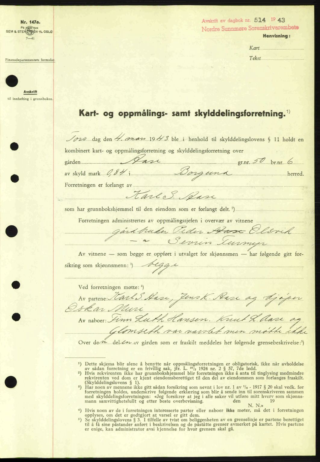 Nordre Sunnmøre sorenskriveri, AV/SAT-A-0006/1/2/2C/2Ca: Mortgage book no. A15, 1942-1943, Diary no: : 514/1943