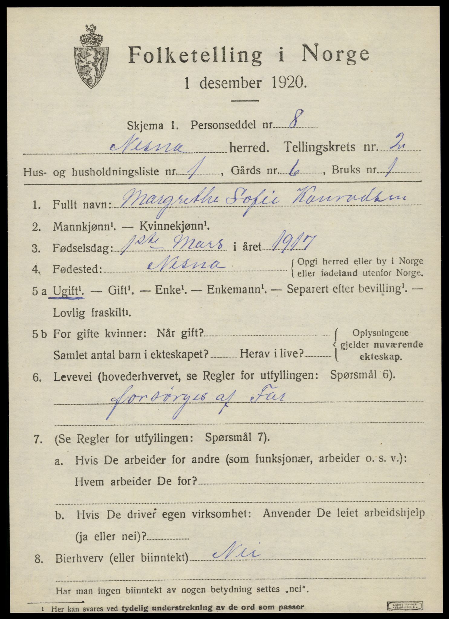 SAT, 1920 census for Nesna, 1920, p. 1741