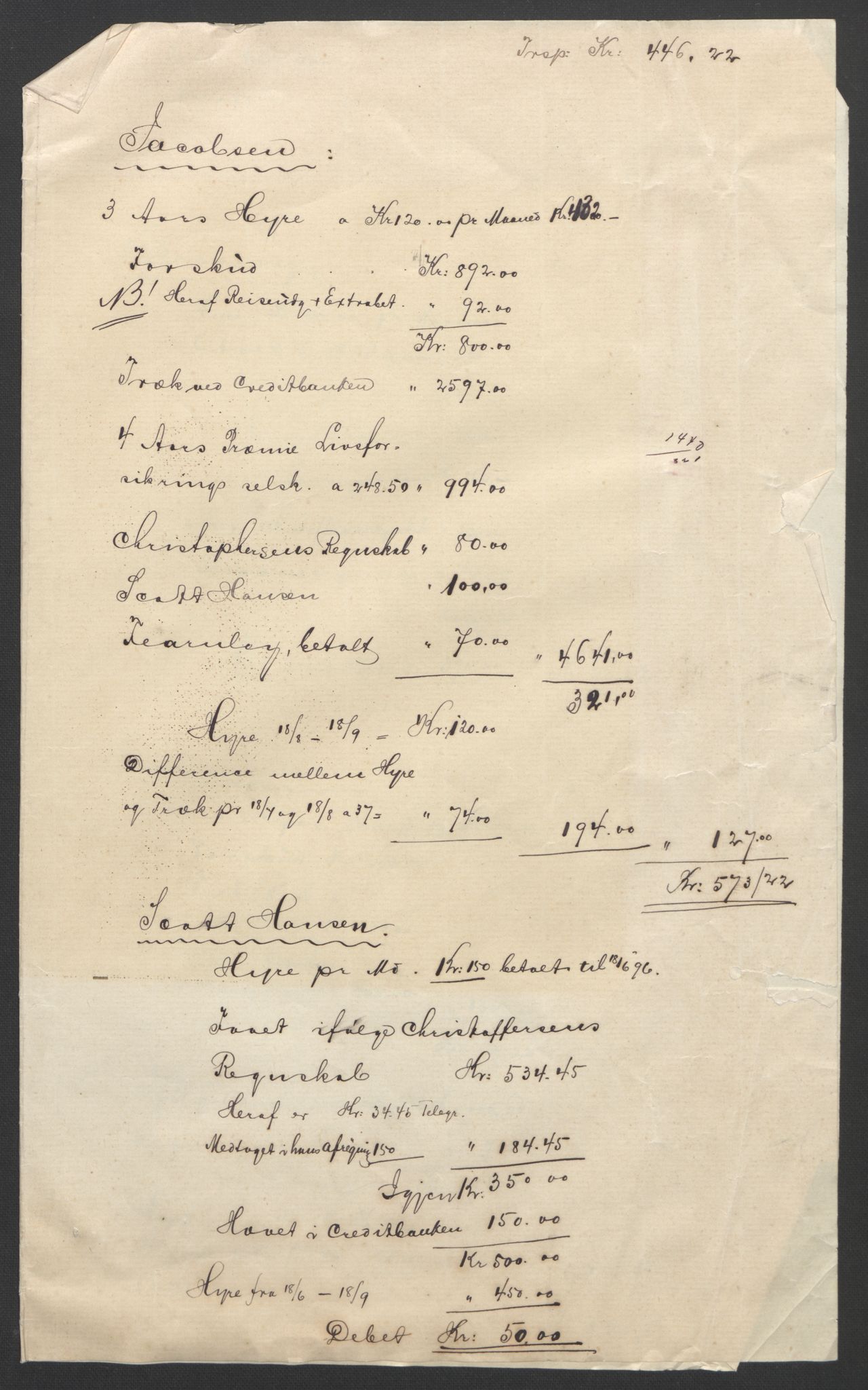 Arbeidskomitéen for Fridtjof Nansens polarekspedisjon, AV/RA-PA-0061/R/L0007/0001: Regnskap / Scott-Hansens, Adv. Nansens og Christoffersens regnskap m/bilag, 1892-1897, p. 3