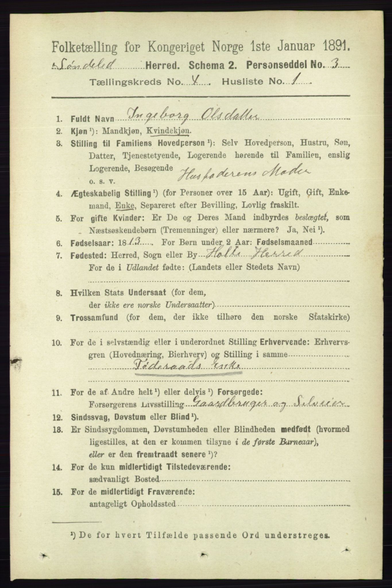 RA, 1891 census for 0913 Søndeled, 1891, p. 879