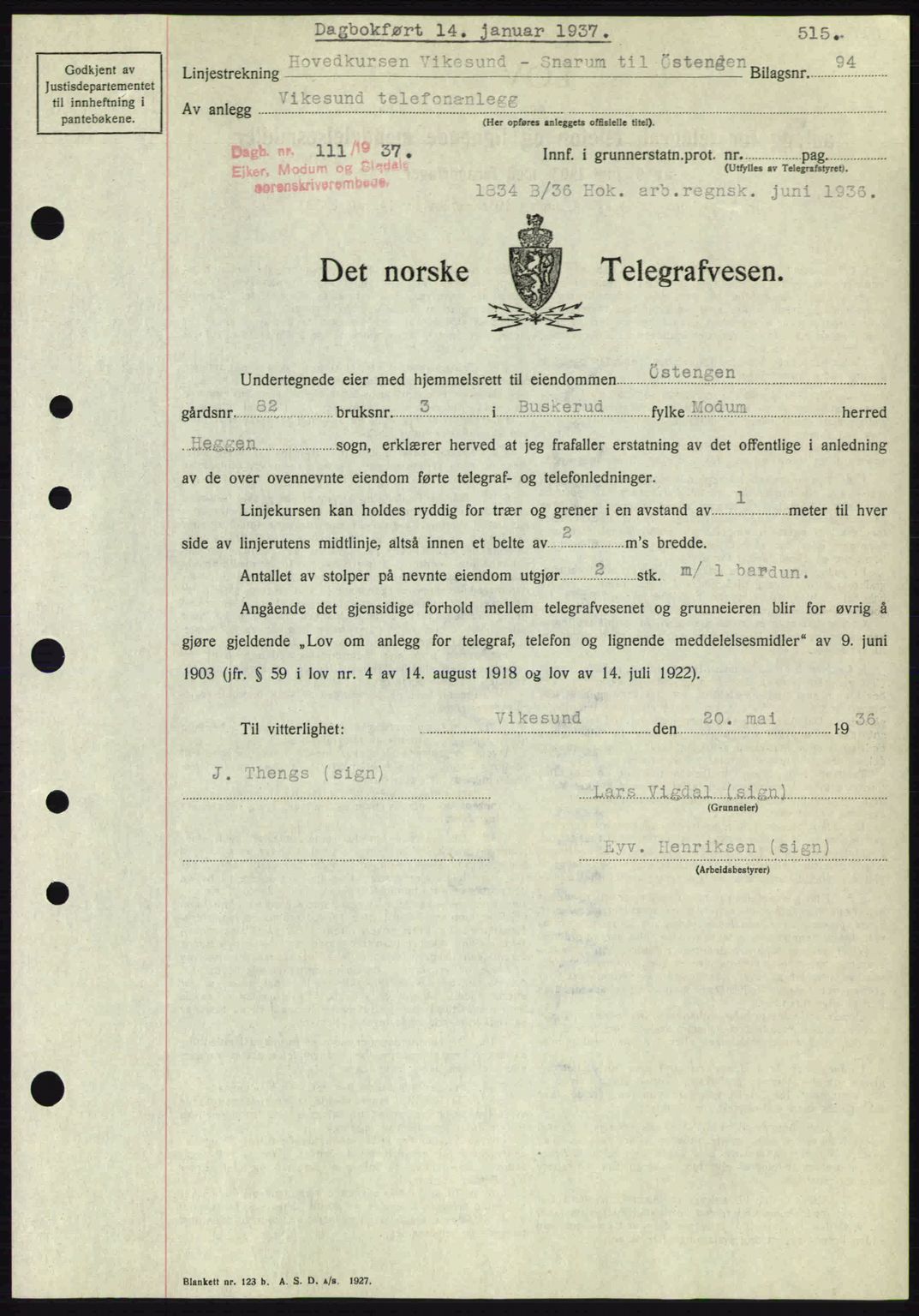 Eiker, Modum og Sigdal sorenskriveri, SAKO/A-123/G/Ga/Gab/L0034: Mortgage book no. A4, 1936-1937, Diary no: : 111/1937