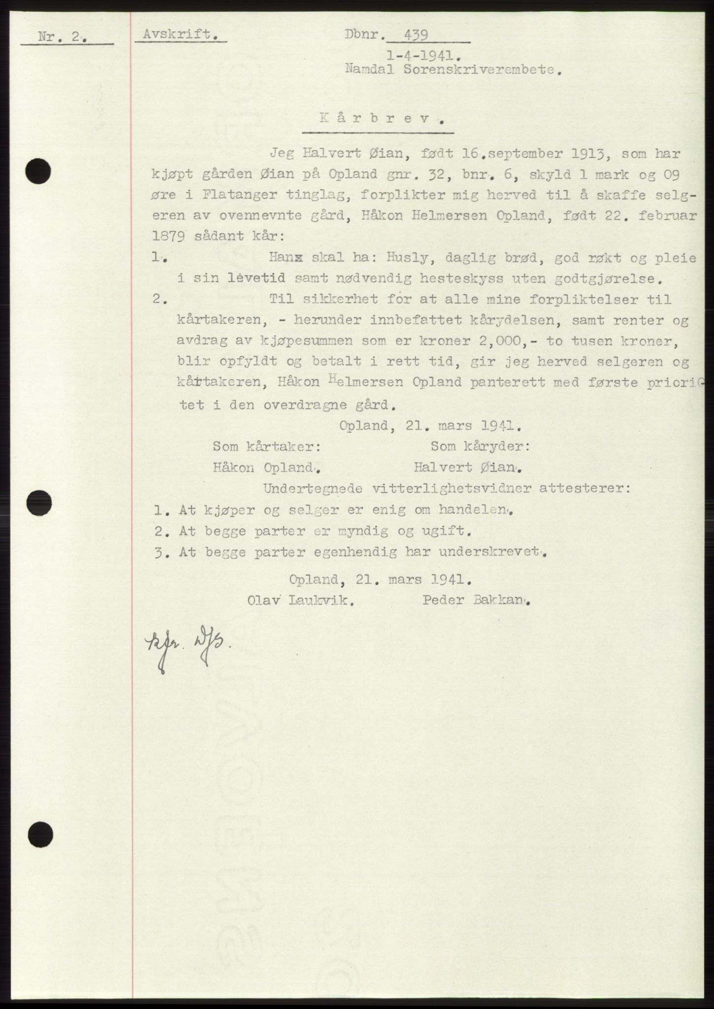 Namdal sorenskriveri, SAT/A-4133/1/2/2C: Mortgage book no. -, 1940-1941, Deed date: 01.04.1941