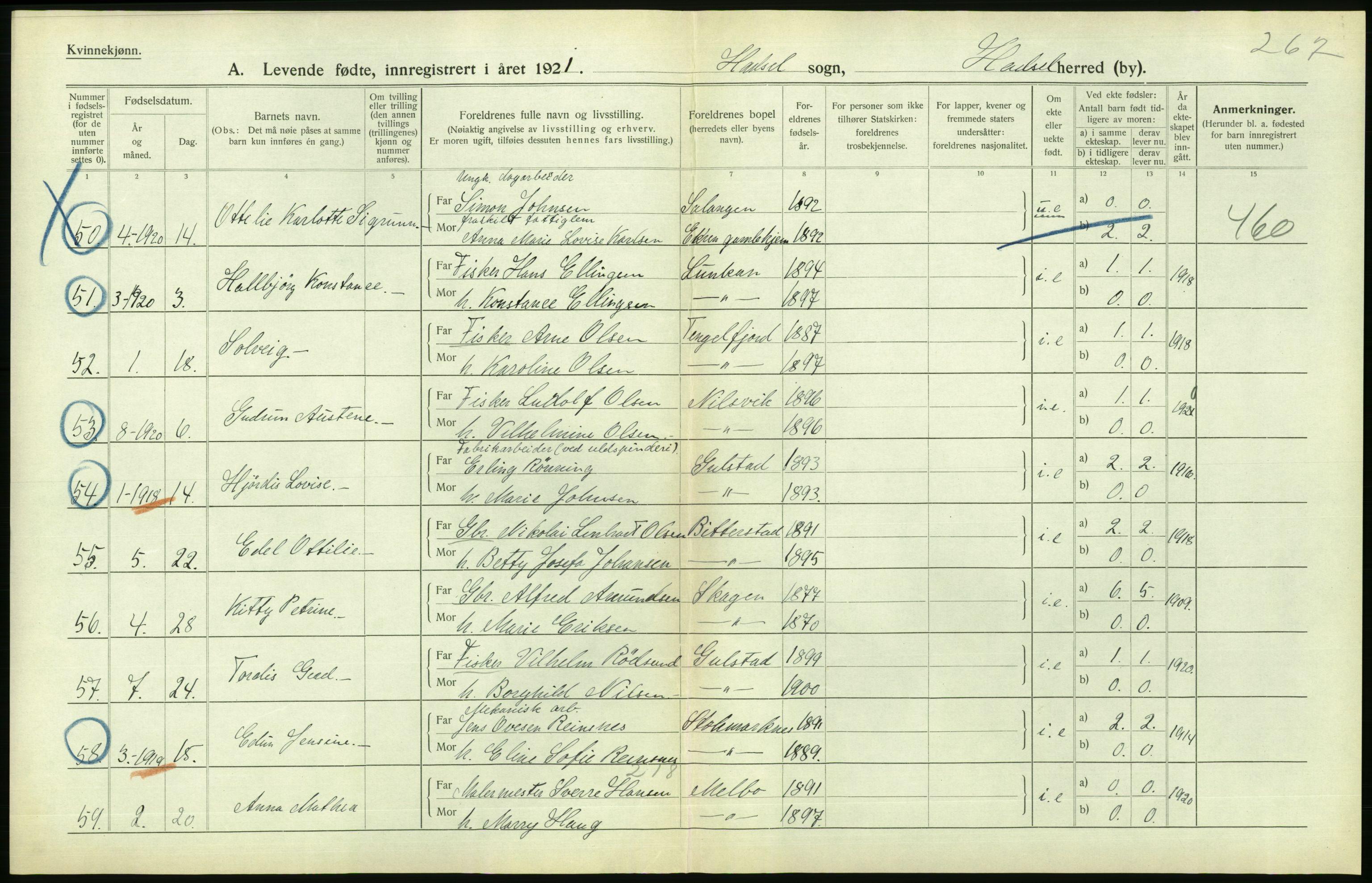 Statistisk sentralbyrå, Sosiodemografiske emner, Befolkning, AV/RA-S-2228/D/Df/Dfc/Dfca/L0049: Nordland fylke: Levendefødte menn og kvinner. Bygder., 1921, p. 390