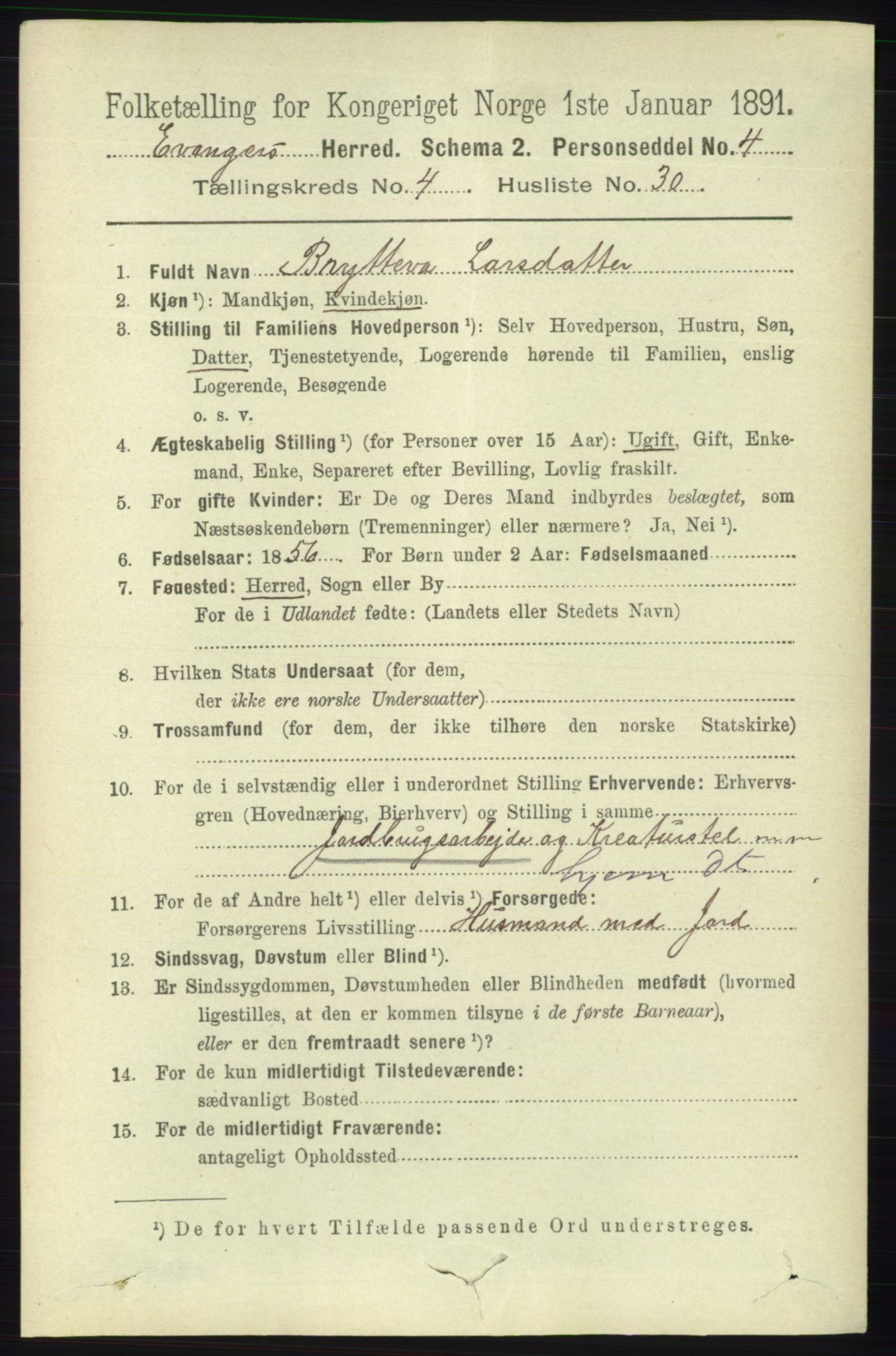RA, 1891 census for 1237 Evanger, 1891, p. 1357