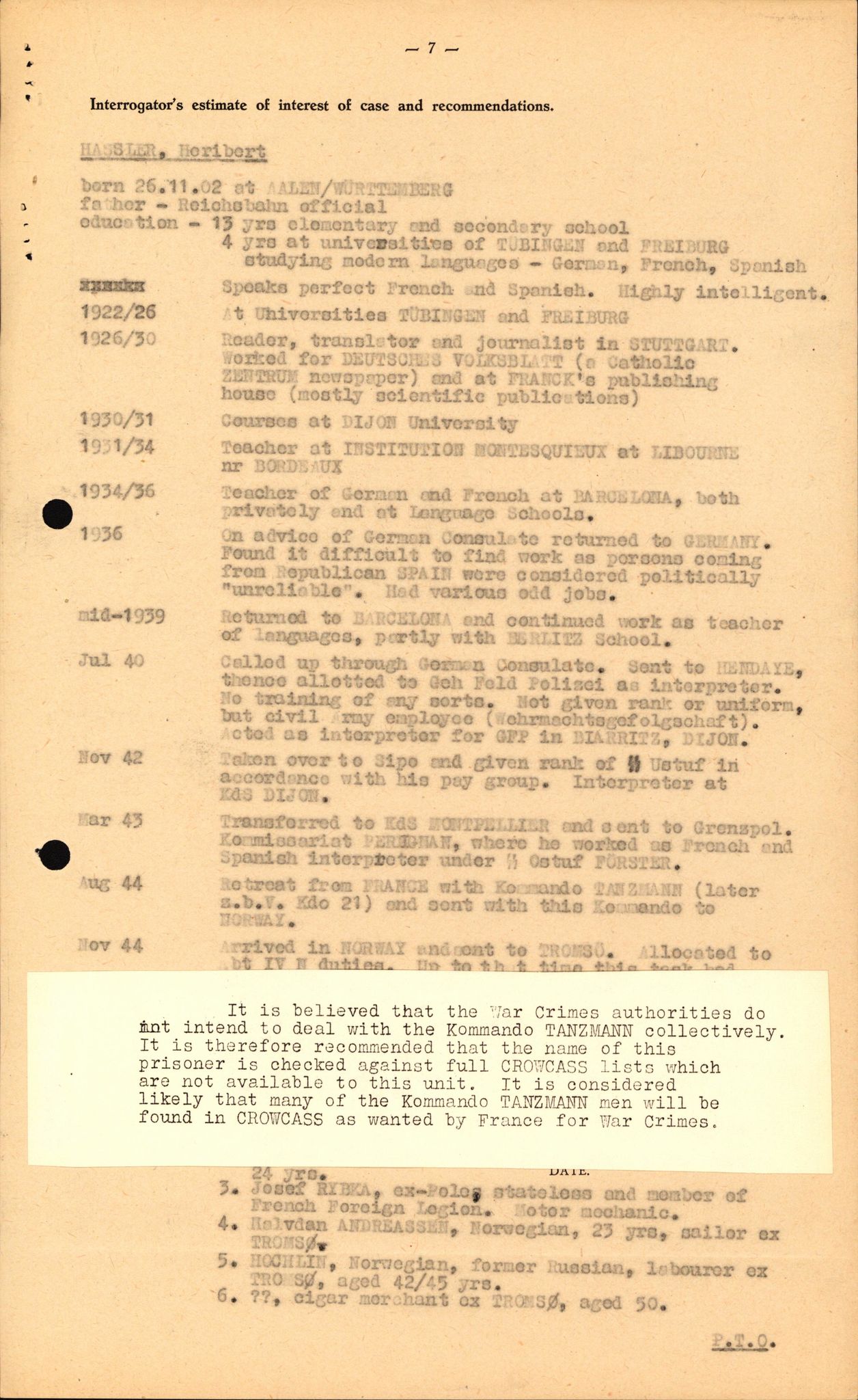 Forsvaret, Forsvarets overkommando II, AV/RA-RAFA-3915/D/Db/L0012: CI Questionaires. Tyske okkupasjonsstyrker i Norge. Tyskere., 1945-1946, p. 94