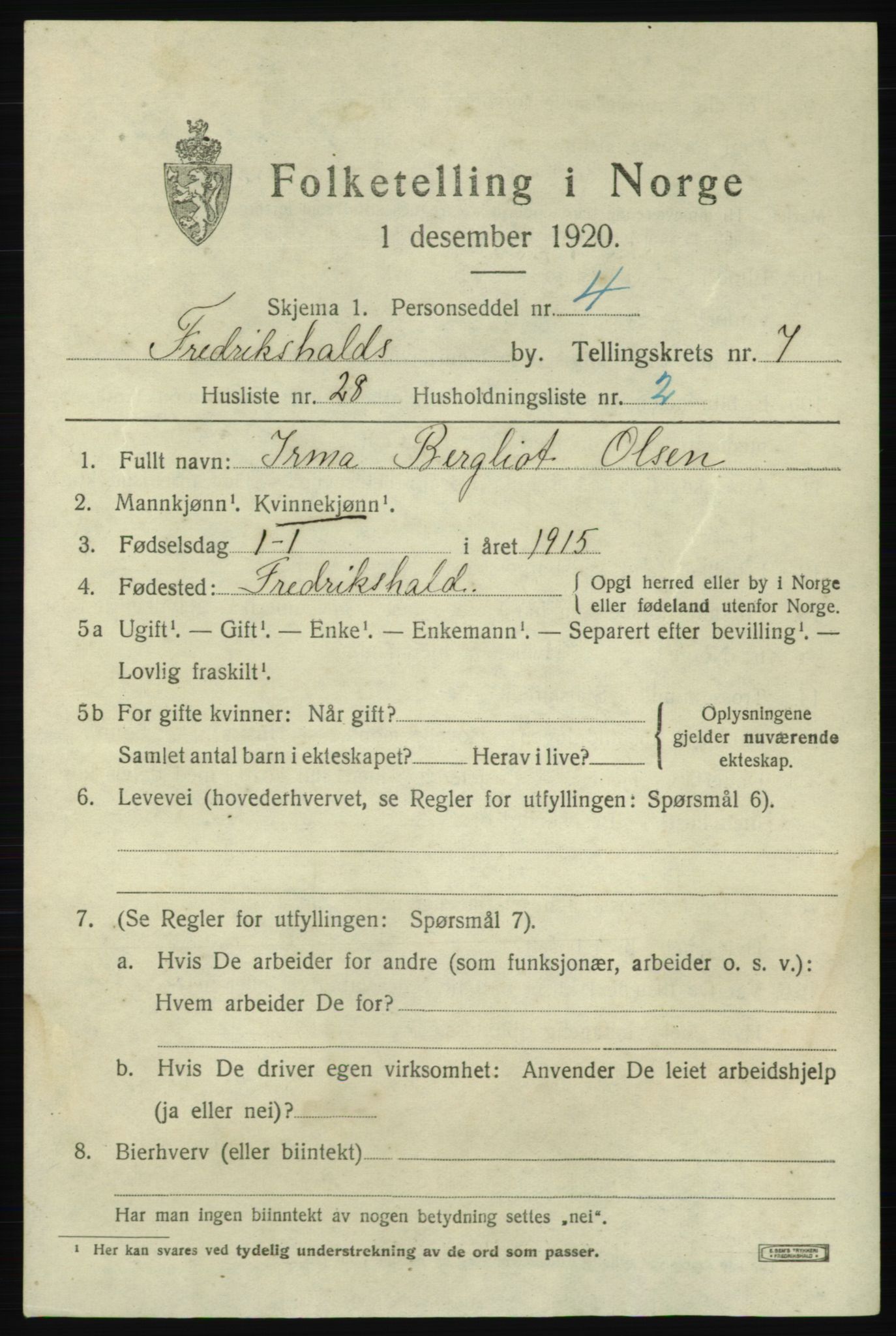 SAO, 1920 census for Fredrikshald, 1920, p. 14600