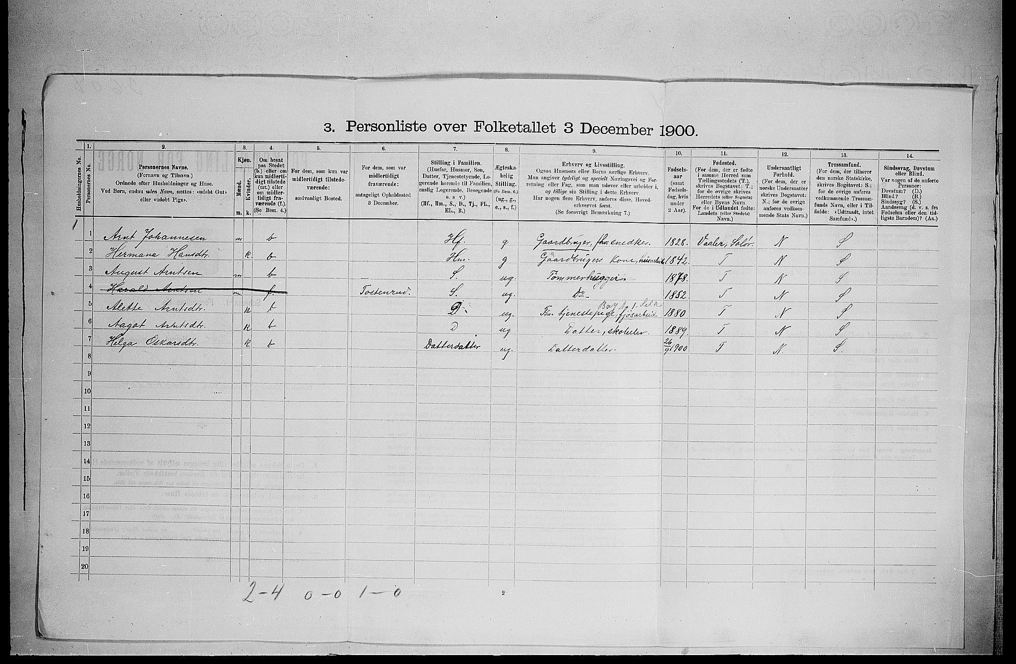 SAH, 1900 census for Grue, 1900, p. 1399