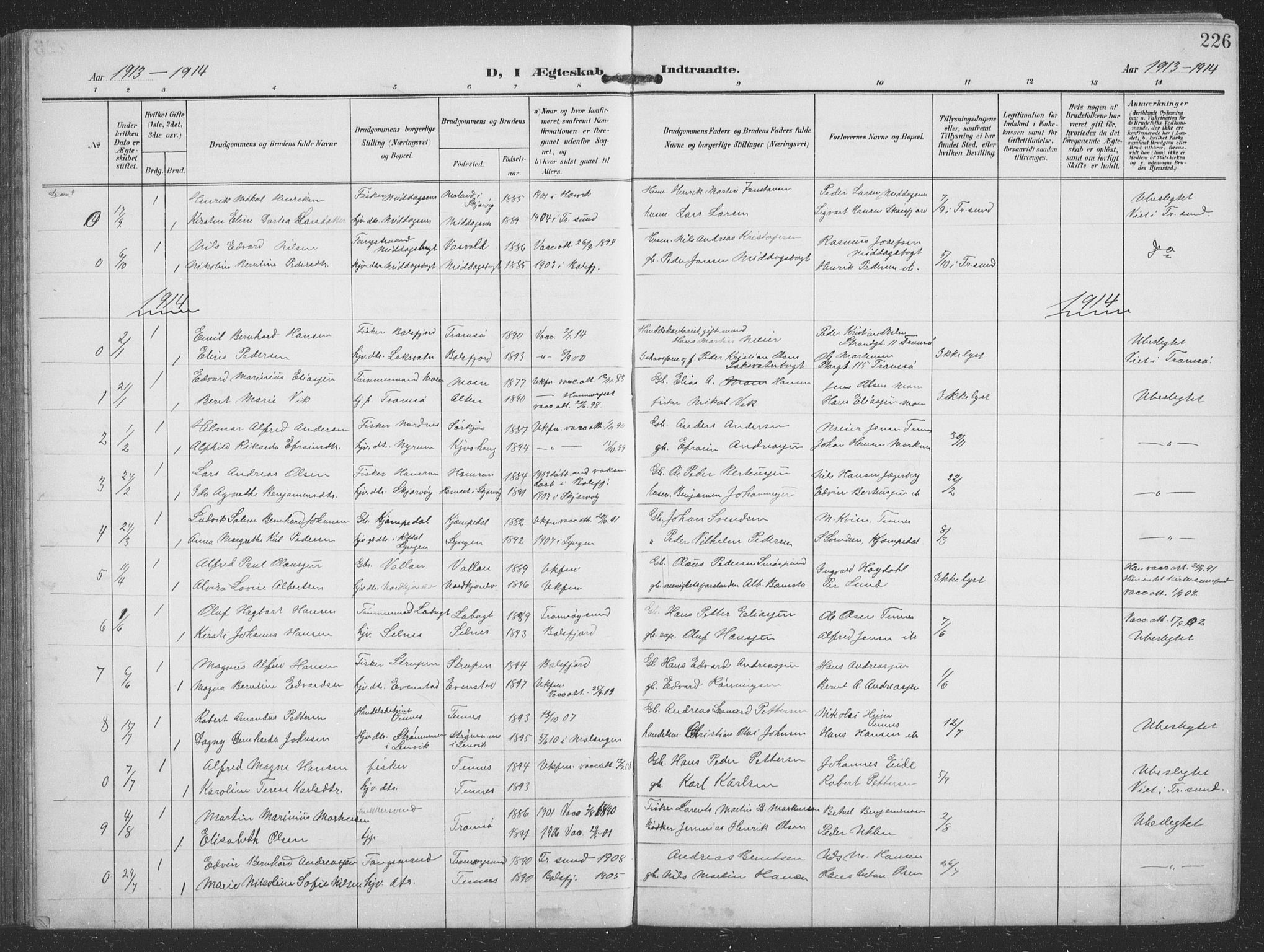 Balsfjord sokneprestembete, SATØ/S-1303/G/Ga/L0009klokker: Parish register (copy) no. 9, 1906-1920, p. 226