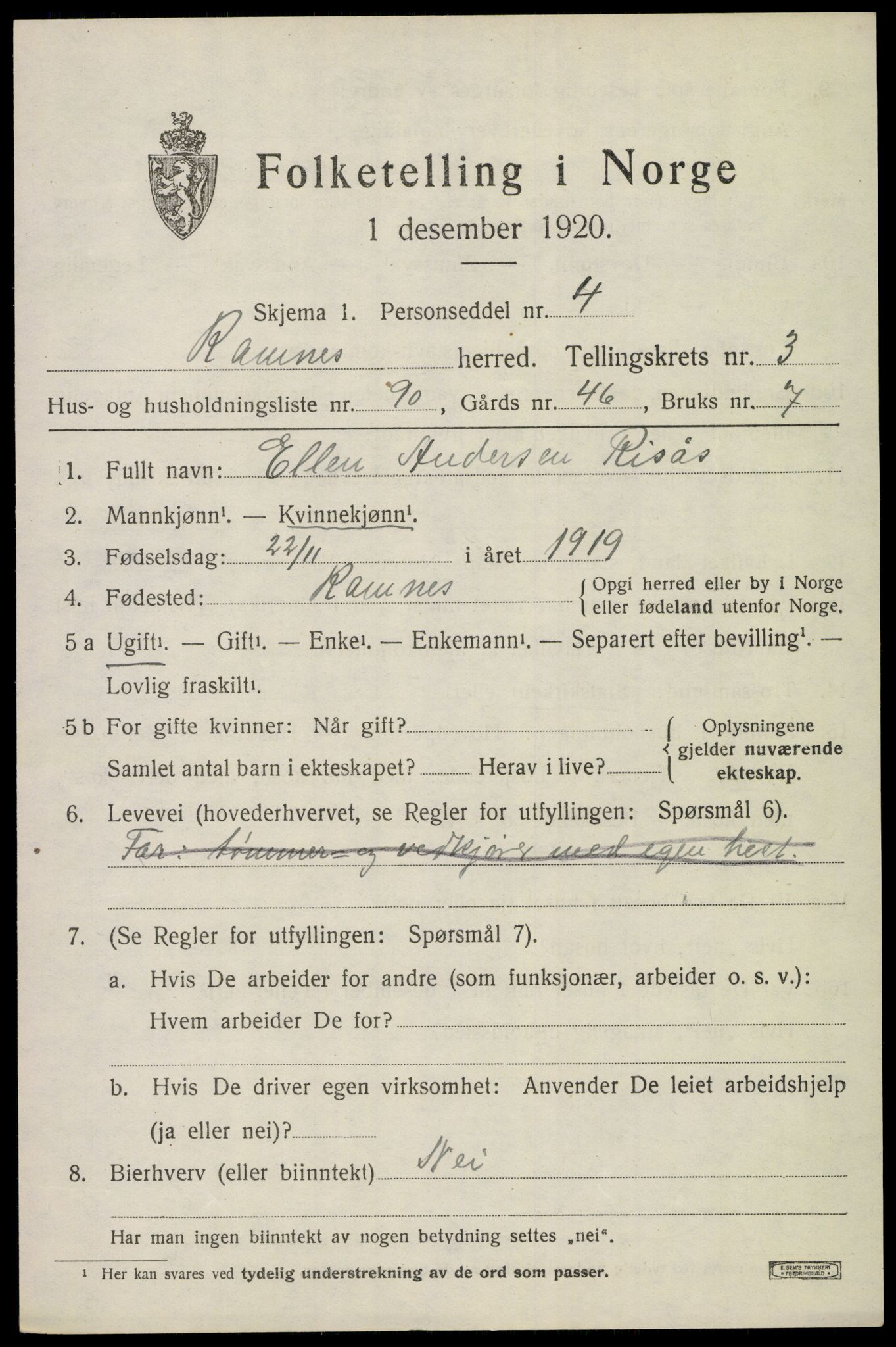 SAKO, 1920 census for Ramnes, 1920, p. 4292