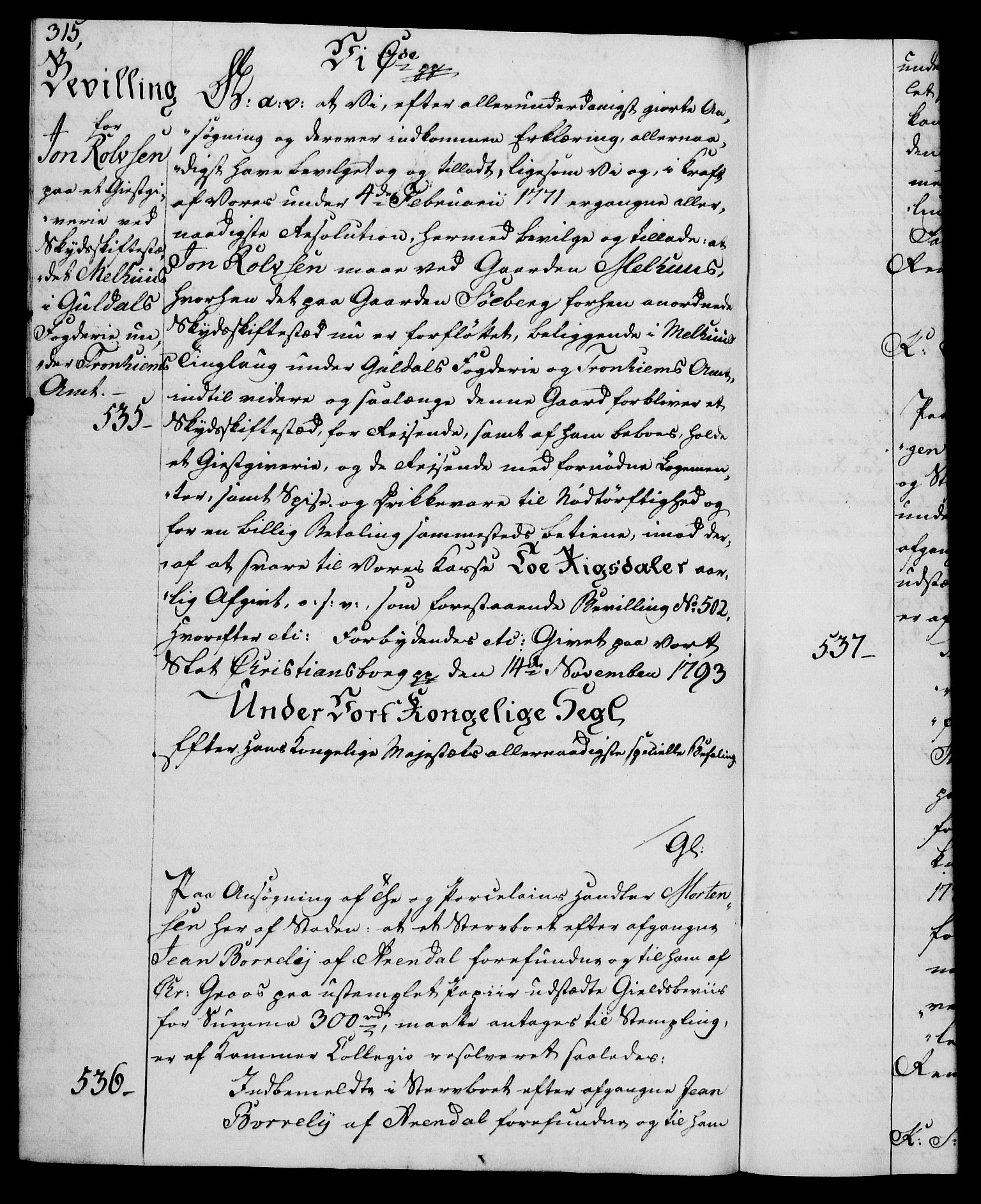 Rentekammeret, Kammerkanselliet, RA/EA-3111/G/Gg/Gga/L0015: Norsk ekspedisjonsprotokoll med register (merket RK 53.15), 1790-1791, p. 315