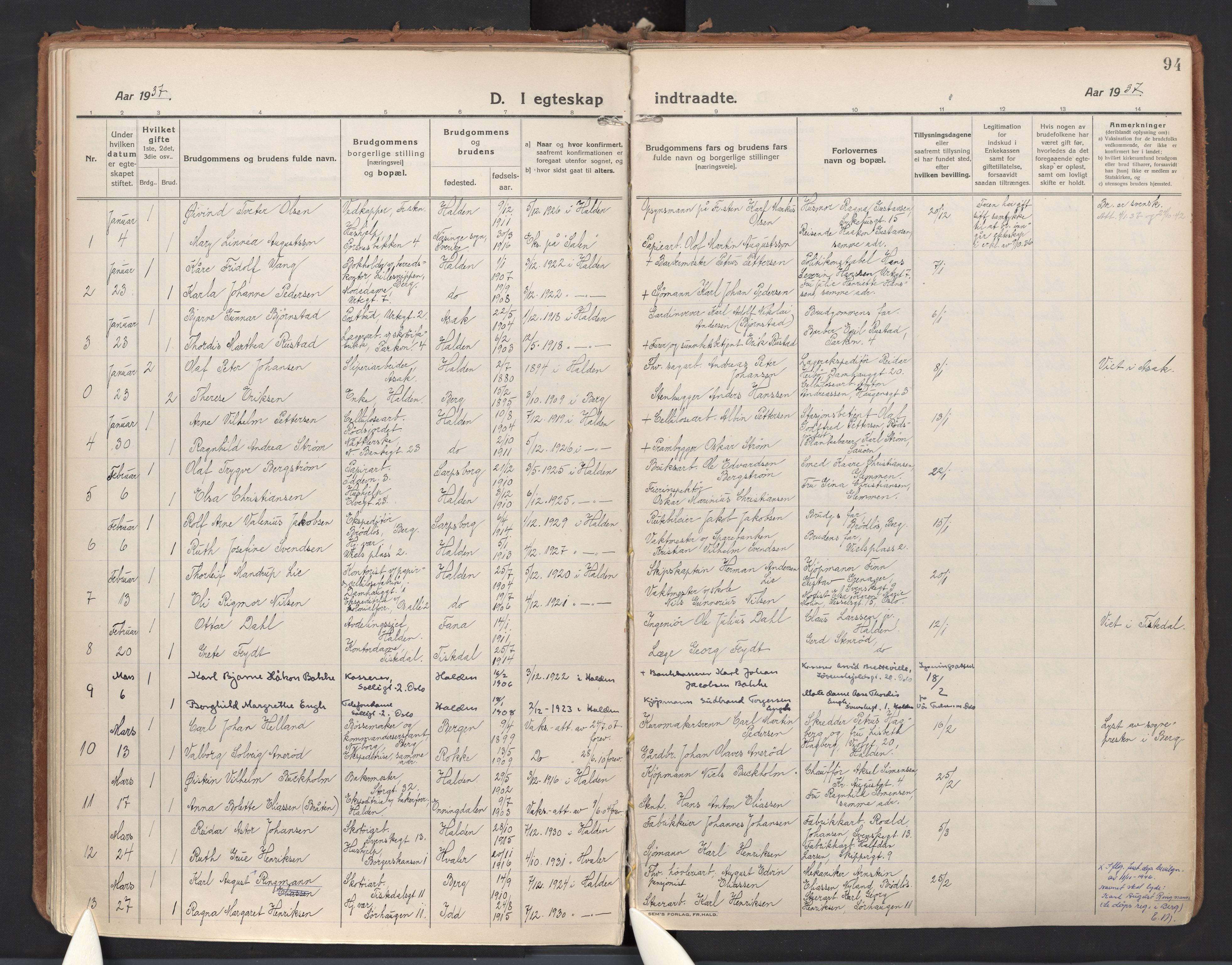 Halden prestekontor Kirkebøker, SAO/A-10909/F/Fa/L0017: Parish register (official) no. I 17, 1921-1945, p. 94