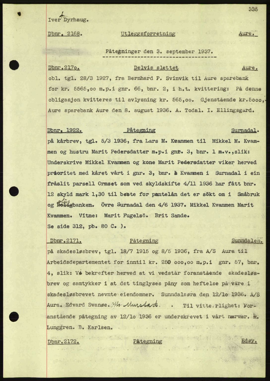 Nordmøre sorenskriveri, AV/SAT-A-4132/1/2/2Ca: Mortgage book no. C80, 1936-1939, Diary no: : 2168/1937