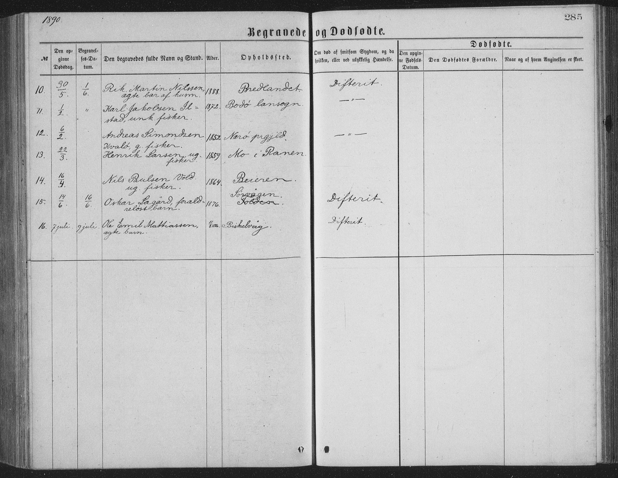 Ministerialprotokoller, klokkerbøker og fødselsregistre - Nordland, AV/SAT-A-1459/886/L1225: Parish register (copy) no. 886C02, 1874-1896, p. 285