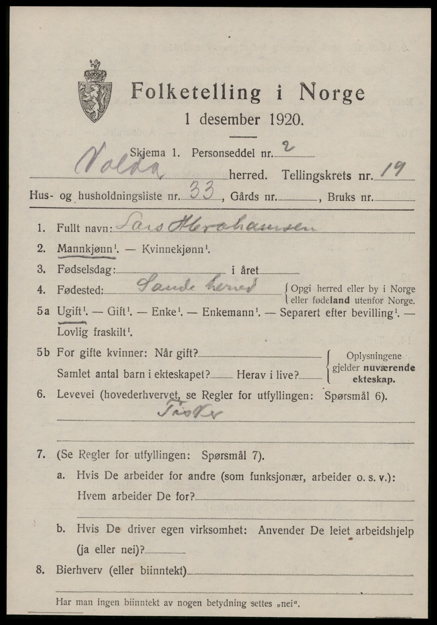 SAT, 1920 census for Volda, 1920, p. 10504