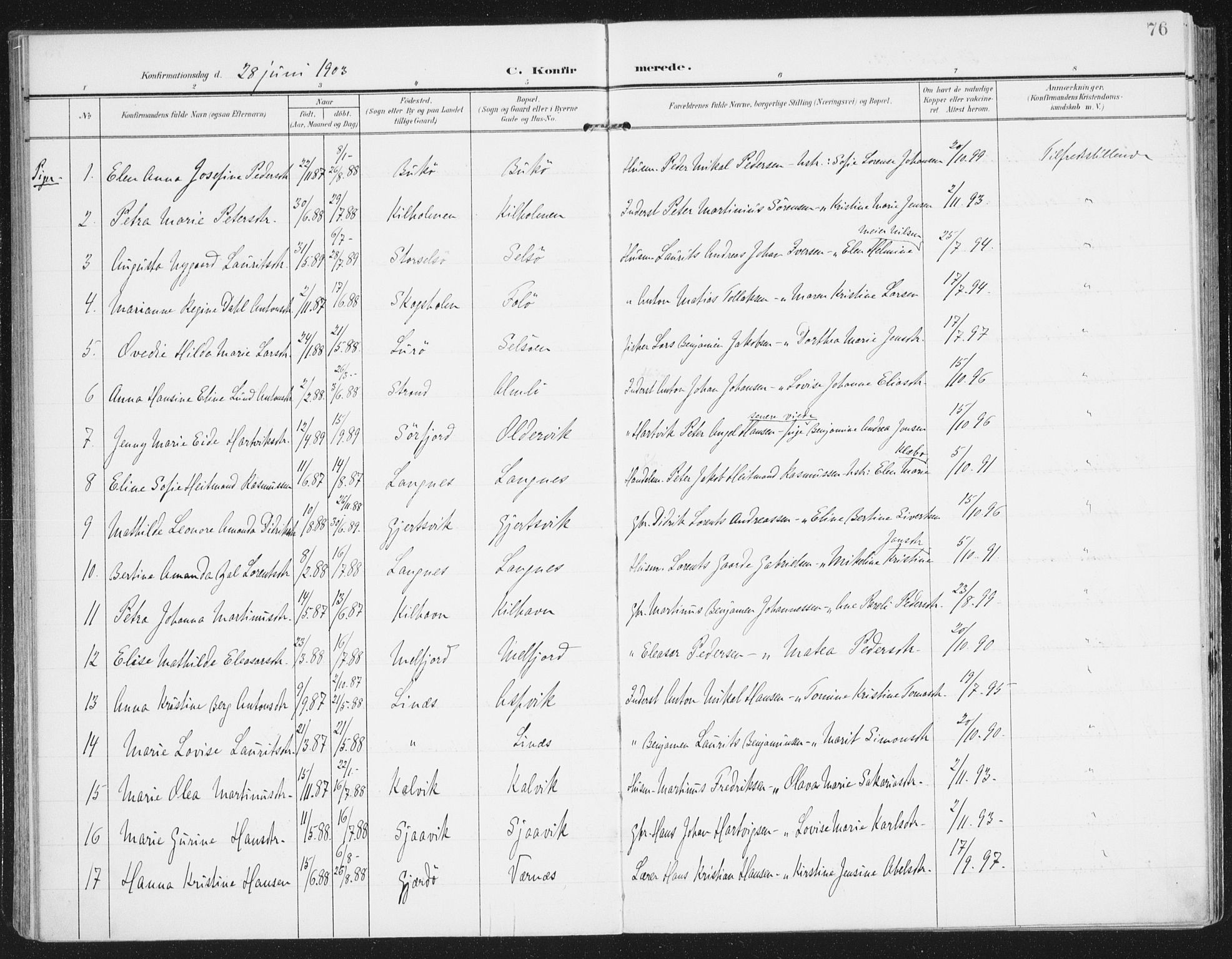 Ministerialprotokoller, klokkerbøker og fødselsregistre - Nordland, AV/SAT-A-1459/841/L0612: Parish register (official) no. 841A15, 1902-1910, p. 76