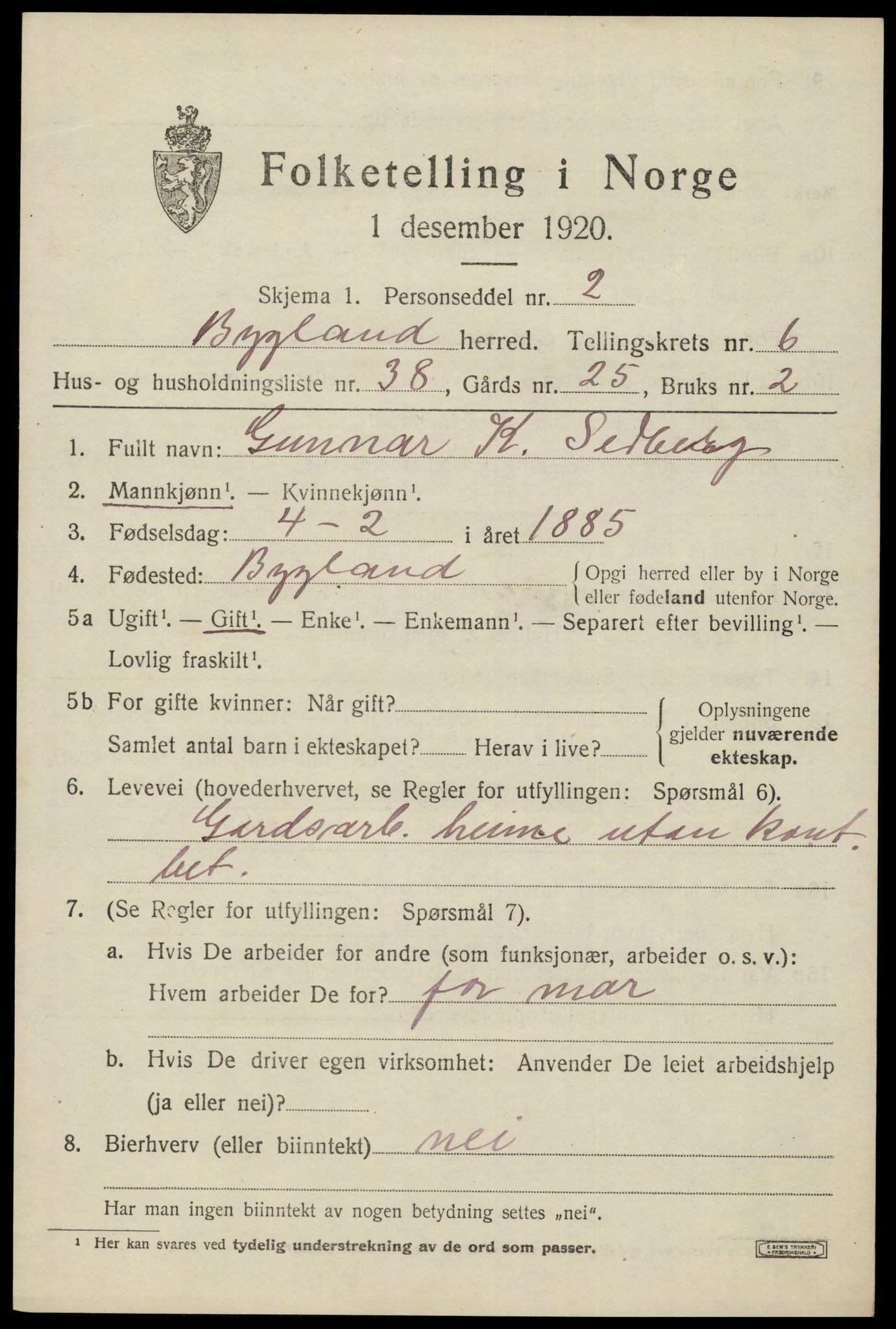 SAK, 1920 census for Bygland, 1920, p. 2517