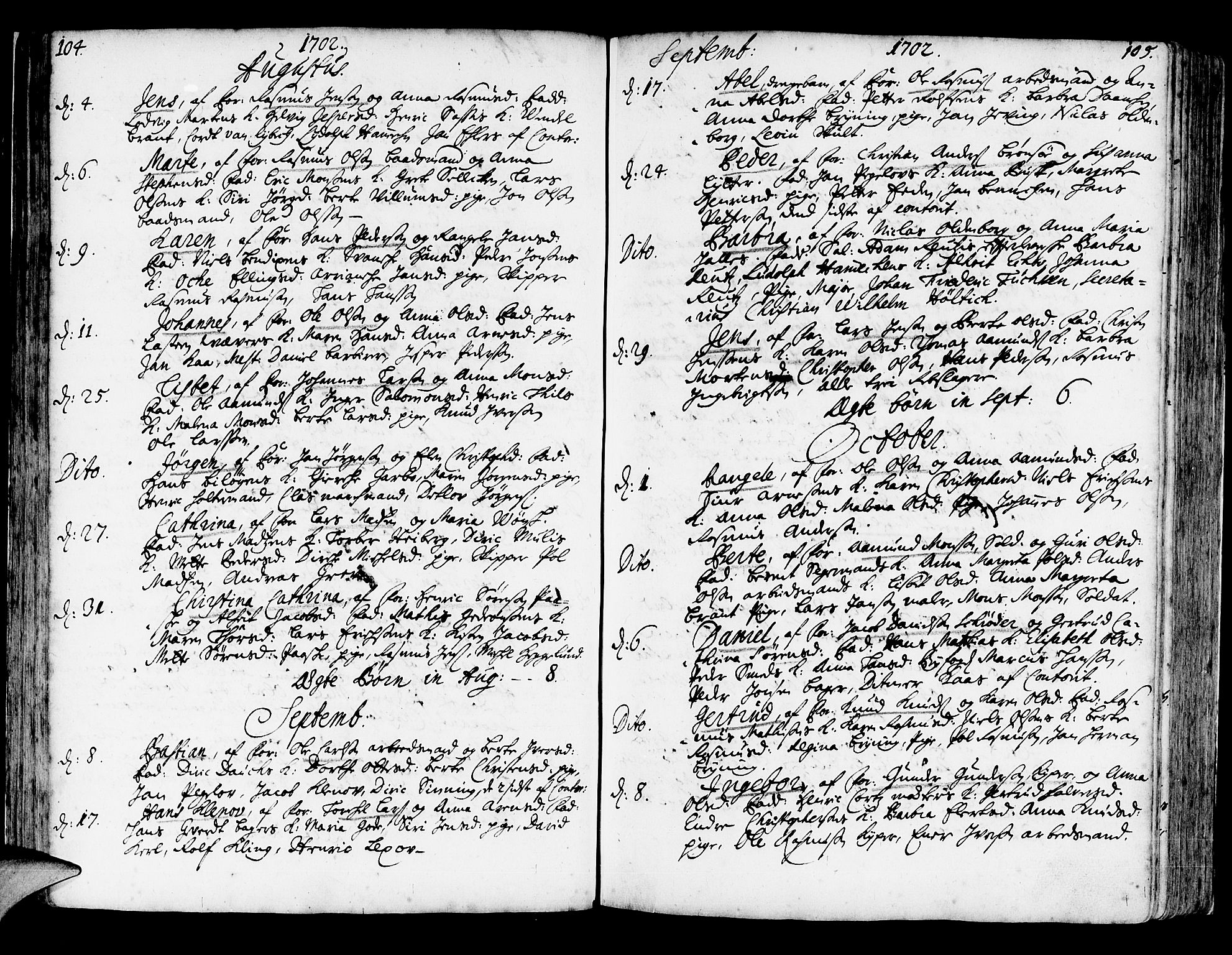 Korskirken sokneprestembete, SAB/A-76101/H/Haa/L0003: Parish register (official) no. A 3, 1698-1719, p. 104-105