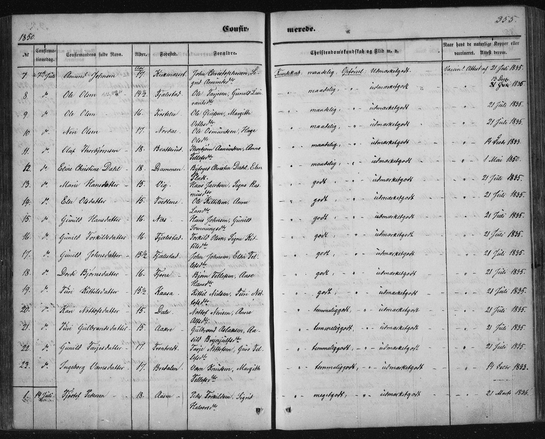 Nissedal kirkebøker, SAKO/A-288/F/Fa/L0003: Parish register (official) no. I 3, 1846-1870, p. 354-355