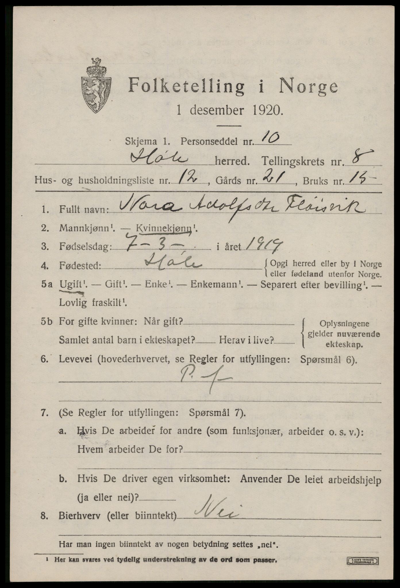 SAST, 1920 census for Høle, 1920, p. 2381
