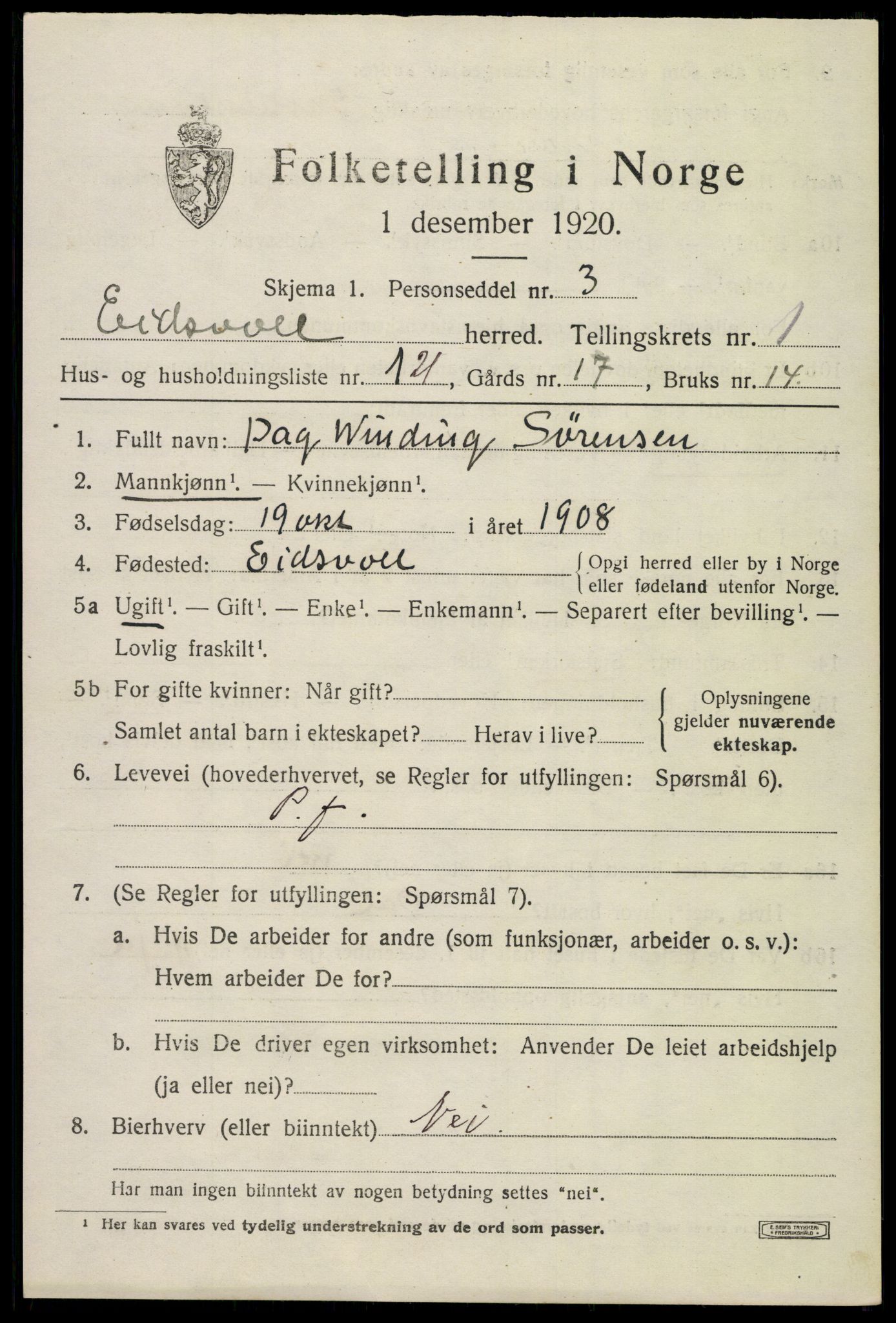 SAO, 1920 census for Eidsvoll, 1920, p. 5085