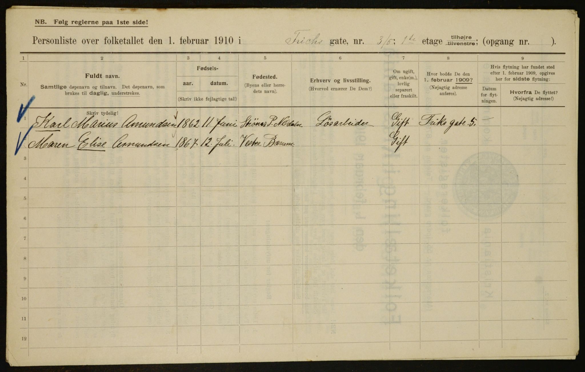 OBA, Municipal Census 1910 for Kristiania, 1910, p. 25103