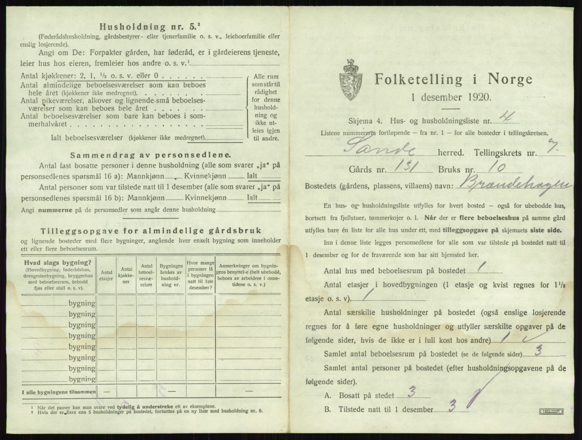 SAKO, 1920 census for Sande, 1920, p. 1219