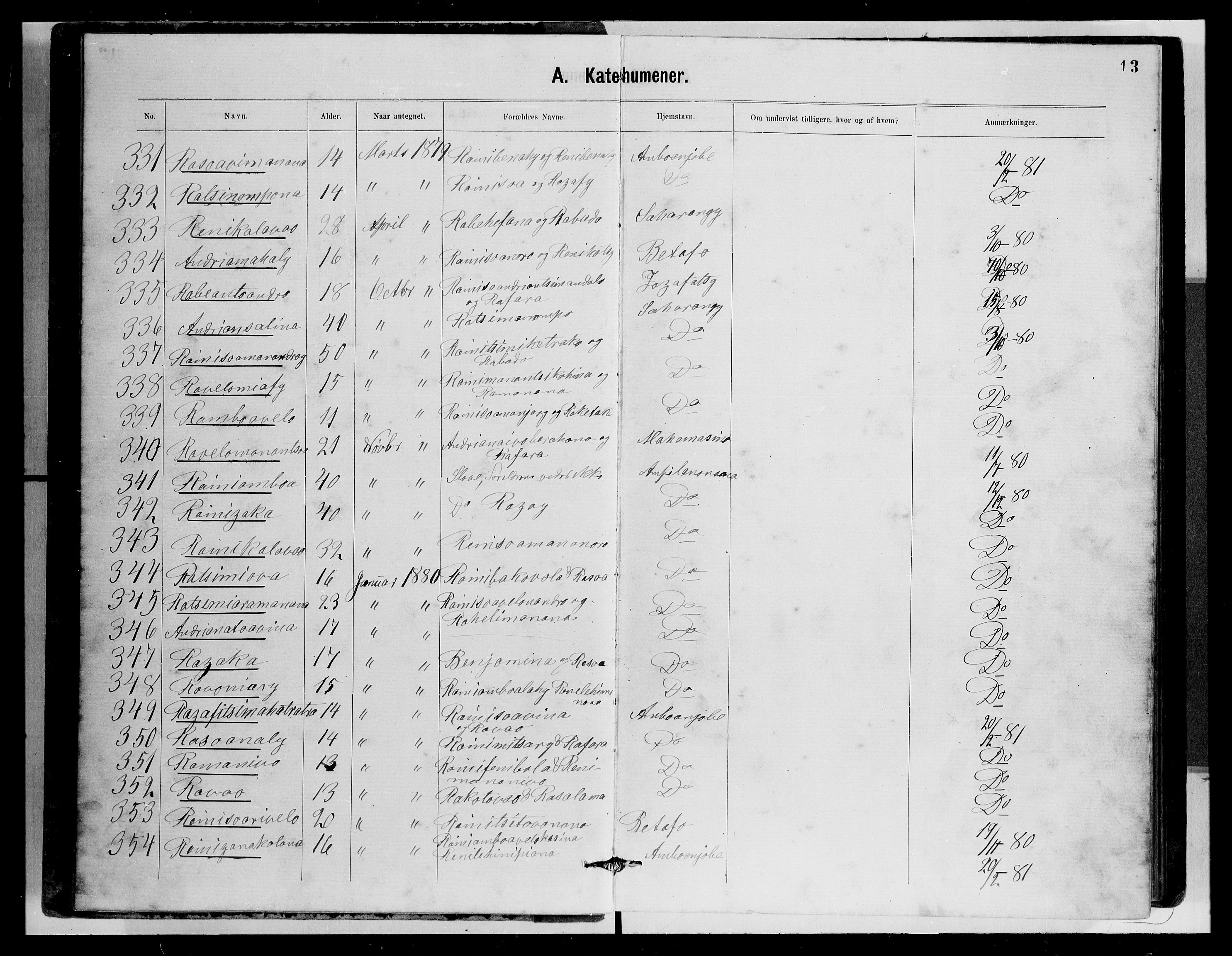 Archives FLM/NMS, Madagaskar, VID/MA-A-1163/D/Db/L0269: Parish register (official) no. 1, 1867-1884, p. 13