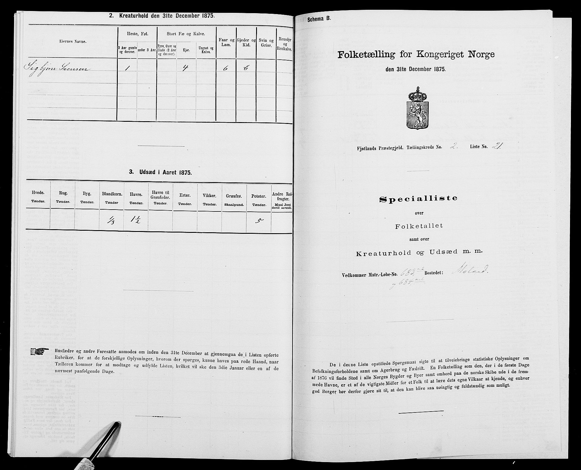 SAK, 1875 census for 1036P Fjotland, 1875, p. 155