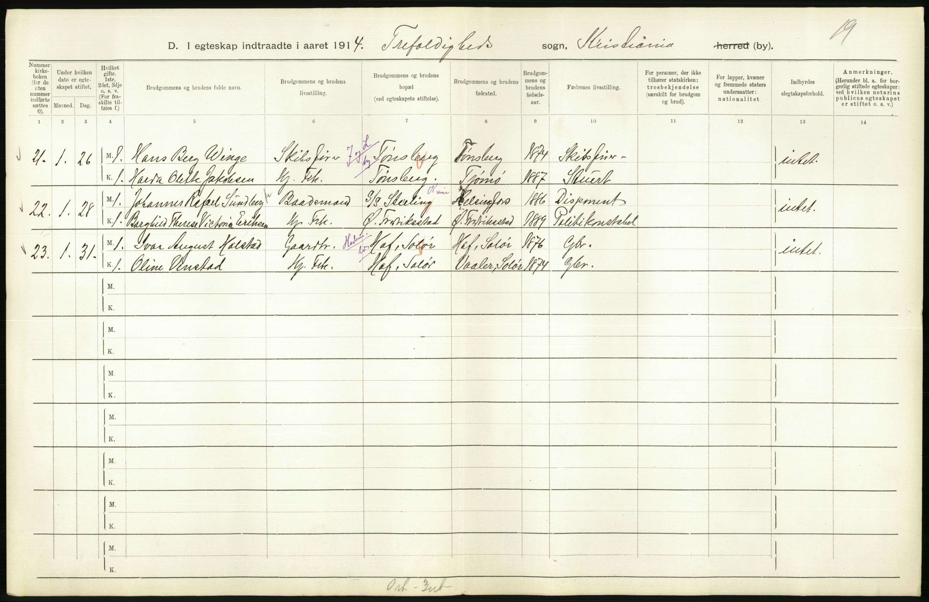 Statistisk sentralbyrå, Sosiodemografiske emner, Befolkning, AV/RA-S-2228/D/Df/Dfb/Dfbd/L0007: Kristiania: Gifte, 1914, p. 628