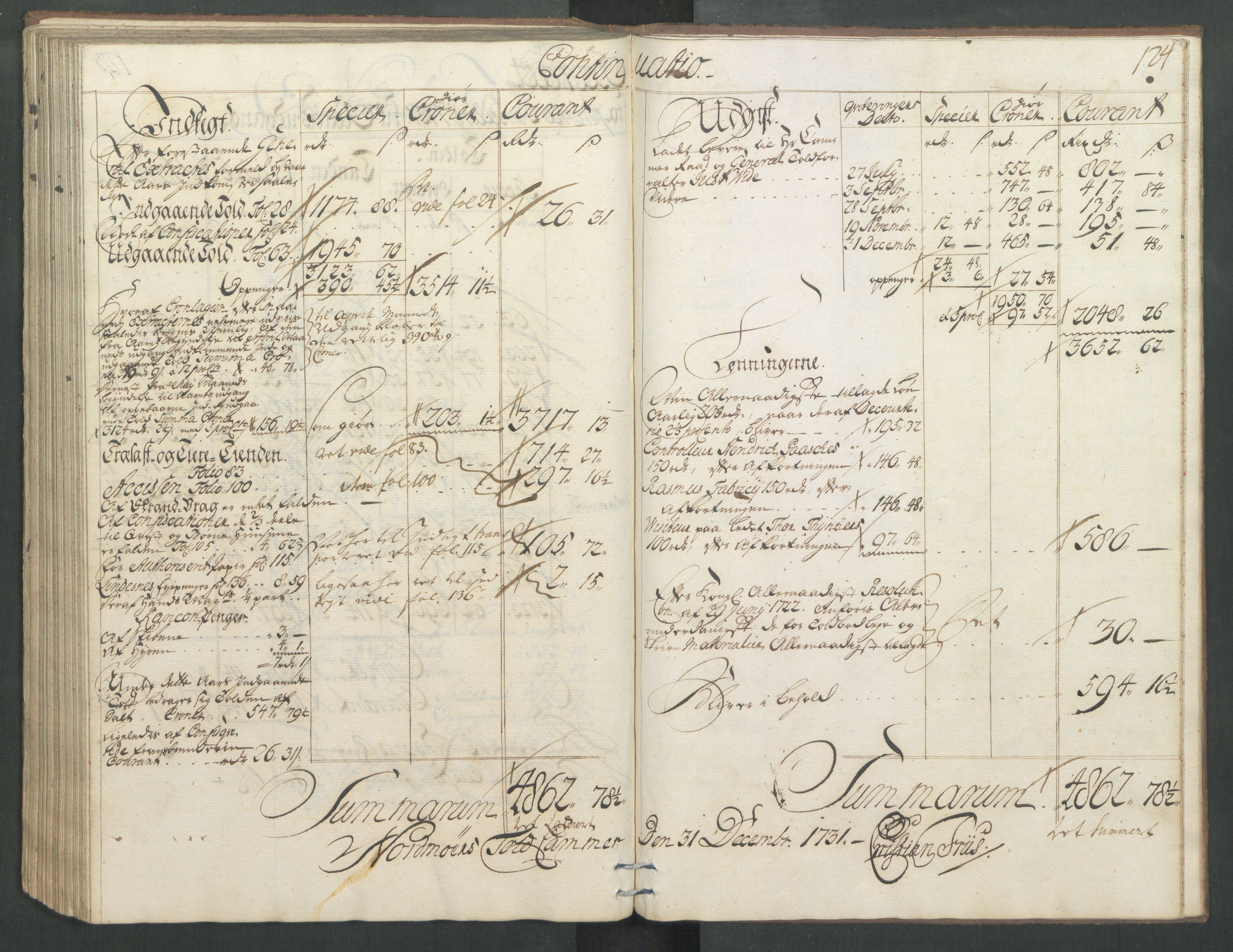 Generaltollkammeret, tollregnskaper, AV/RA-EA-5490/R32/L0004/0001: Tollregnskaper Kristiansund / Hovedtollbok, 1731, p. 123b-124a