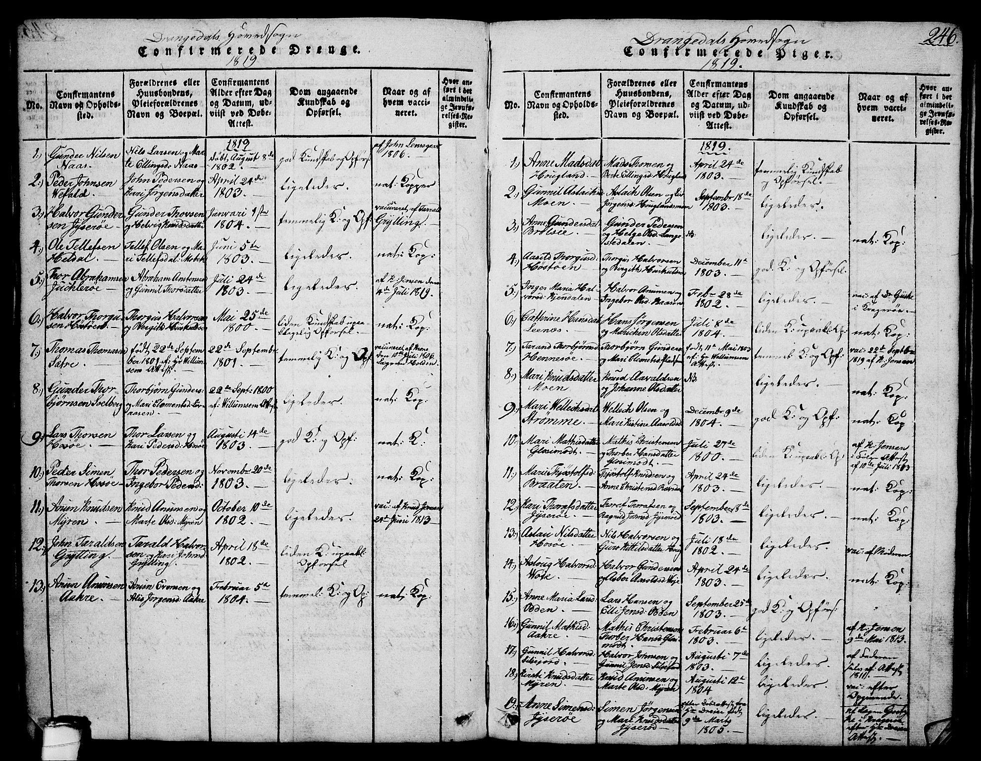 Drangedal kirkebøker, AV/SAKO-A-258/G/Ga/L0001: Parish register (copy) no. I 1 /1, 1814-1856, p. 246