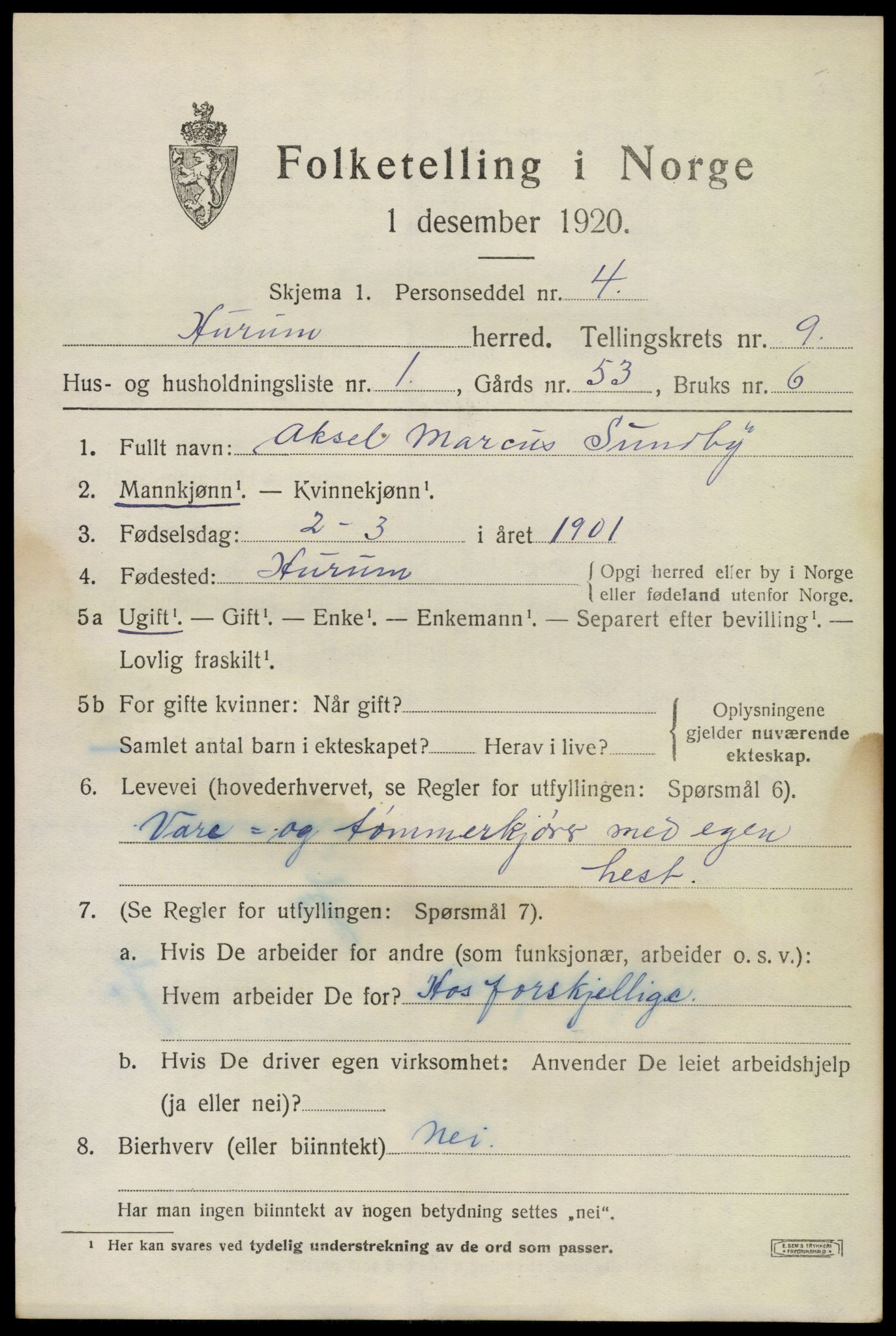 SAKO, 1920 census for Hurum, 1920, p. 11986