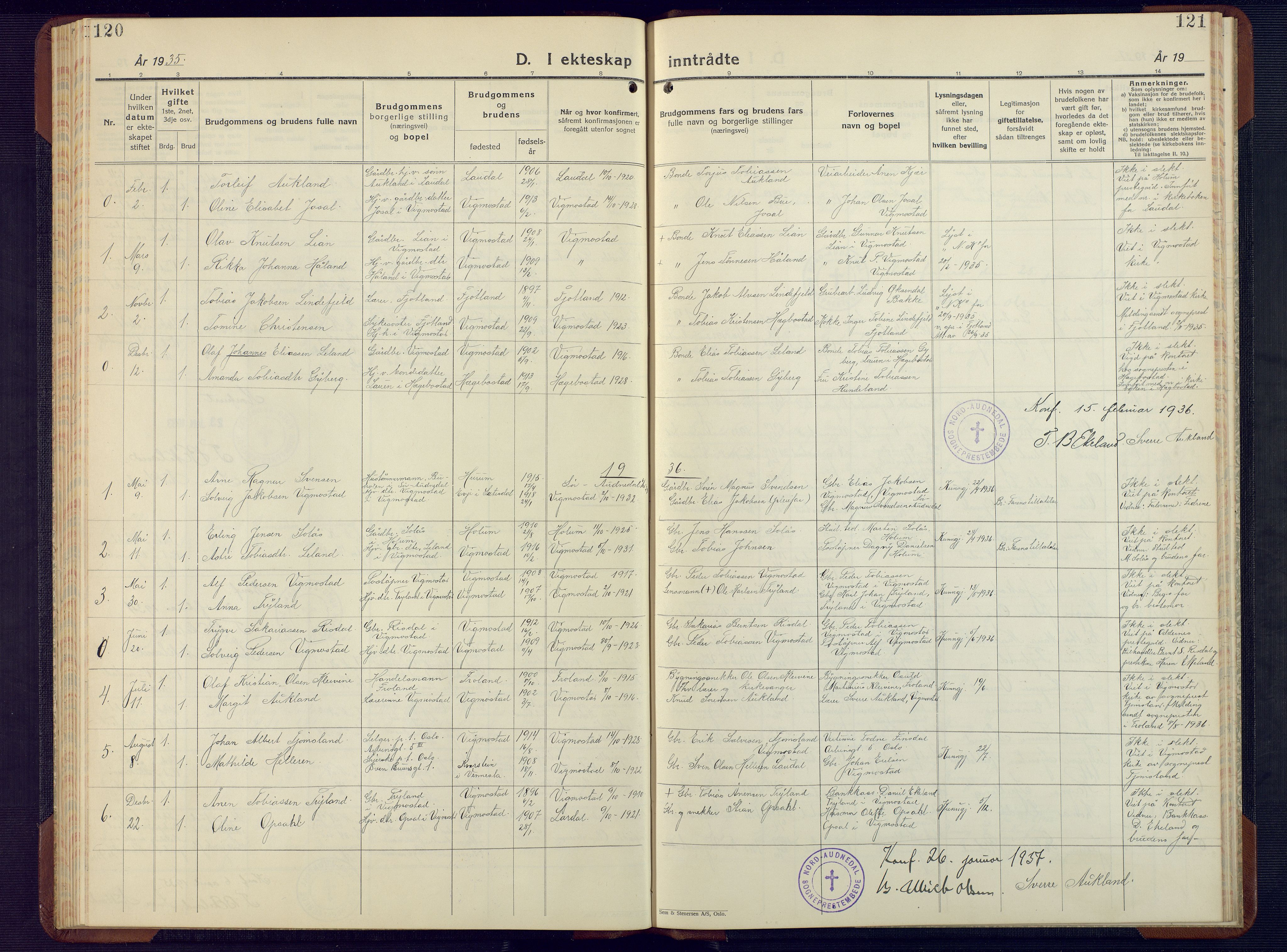 Nord-Audnedal sokneprestkontor, SAK/1111-0032/F/Fb/Fbb/L0006: Parish register (copy) no. B 6, 1930-1948, p. 120-121