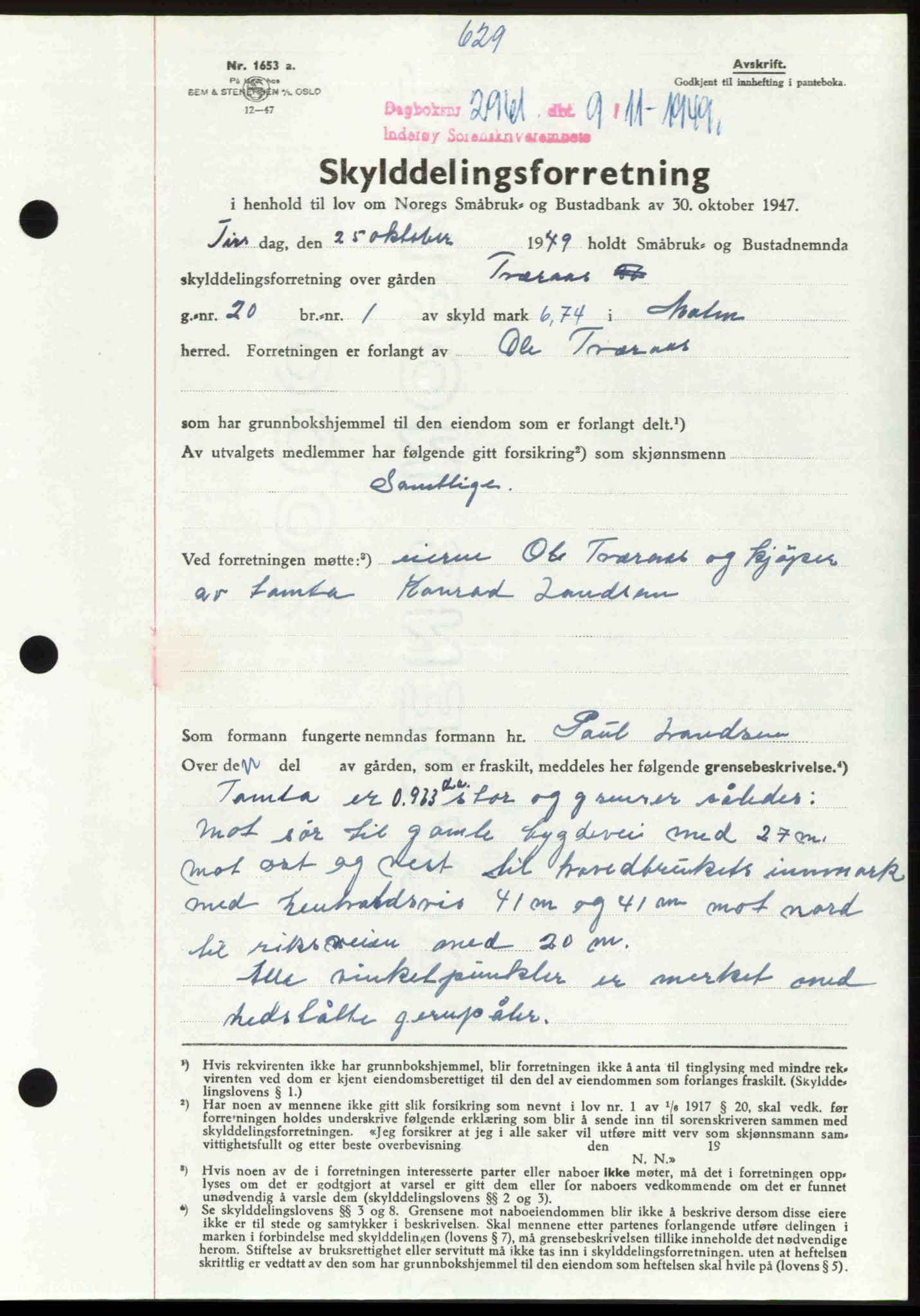 Inderøy sorenskriveri, AV/SAT-A-4147/1/2/2C: Mortgage book no. A 21, 1949-1949, Diary no: : 2961/1949