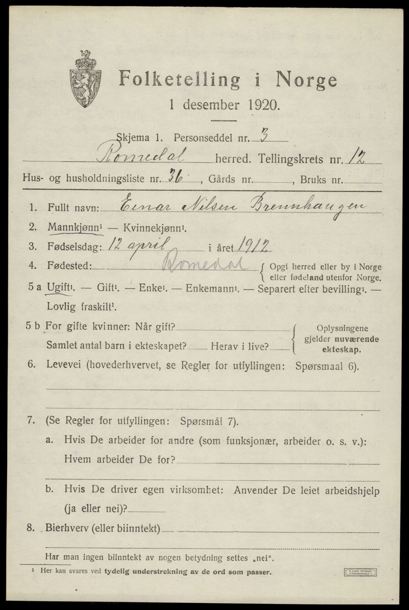 SAH, 1920 census for Romedal, 1920, p. 12941