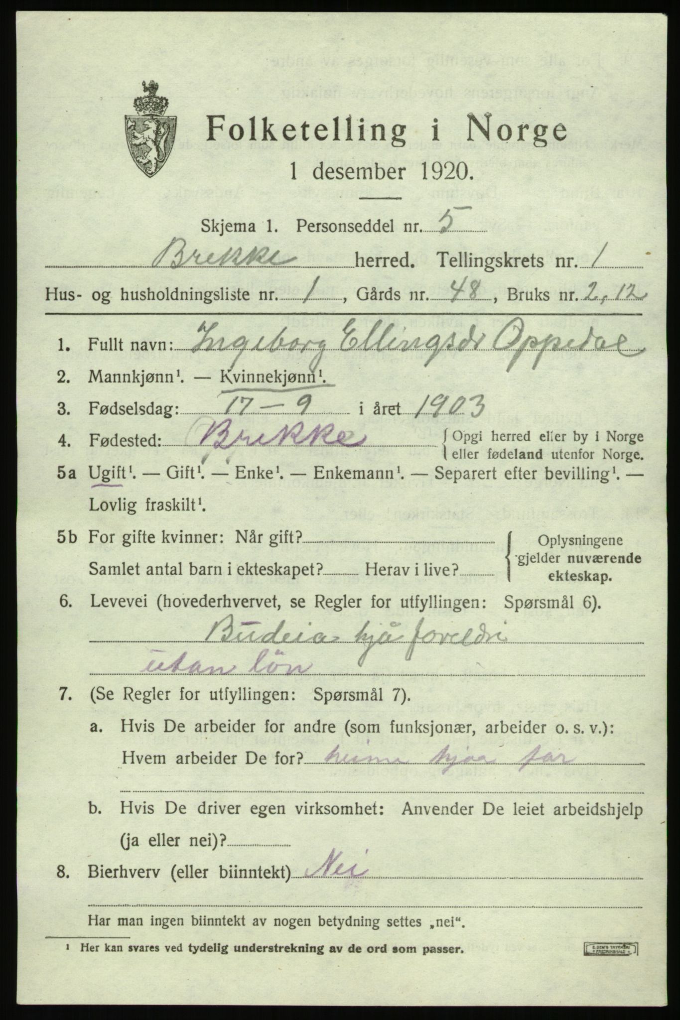 SAB, 1920 census for Brekke, 1920, p. 338