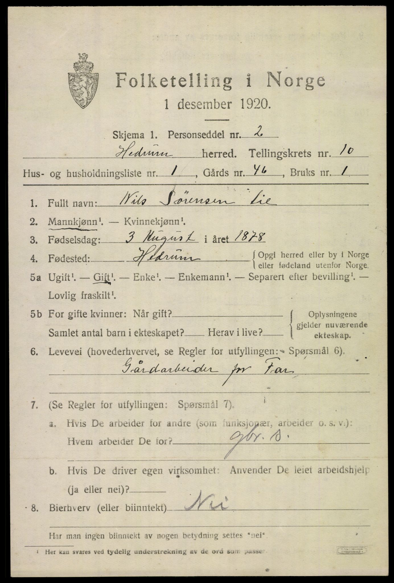 SAKO, 1920 census for Hedrum, 1920, p. 7133