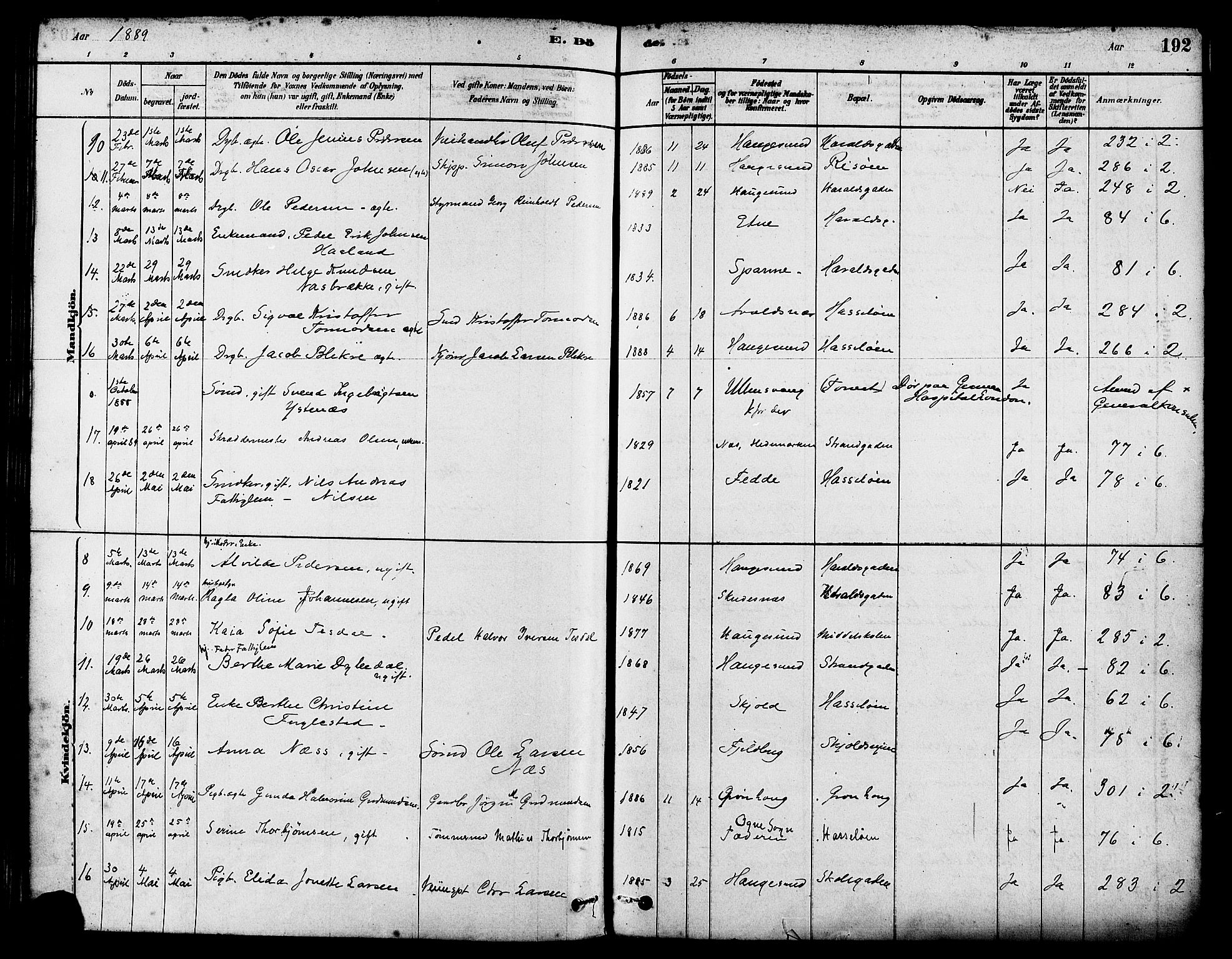 Haugesund sokneprestkontor, SAST/A -101863/H/Ha/Haa/L0003: Parish register (official) no. A 3, 1885-1890, p. 192