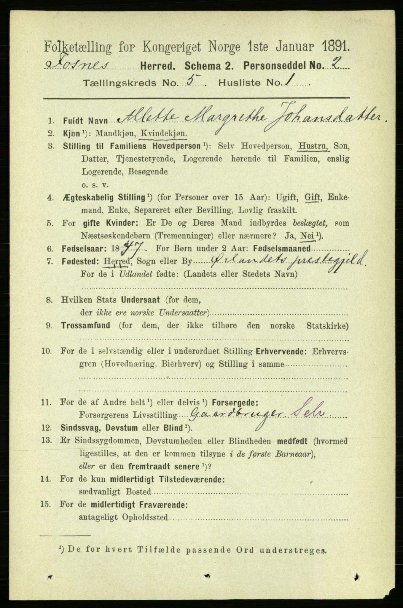 RA, 1891 census for 1748 Fosnes, 1891, p. 1996