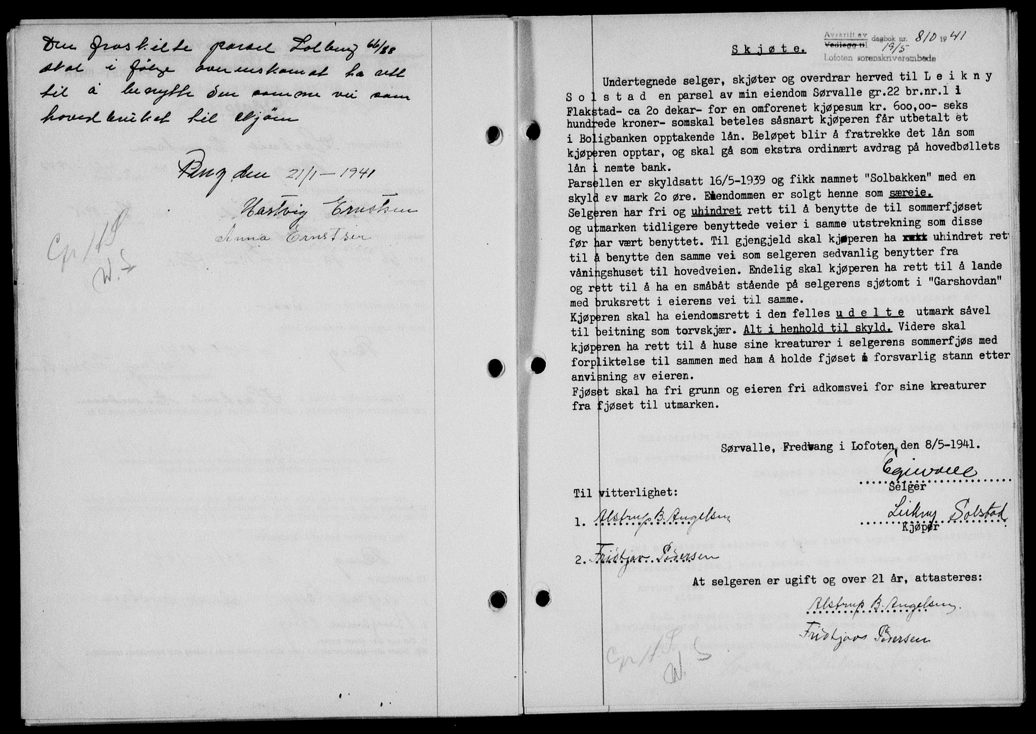 Lofoten sorenskriveri, SAT/A-0017/1/2/2C/L0008a: Mortgage book no. 8a, 1940-1941, Diary no: : 810/1941