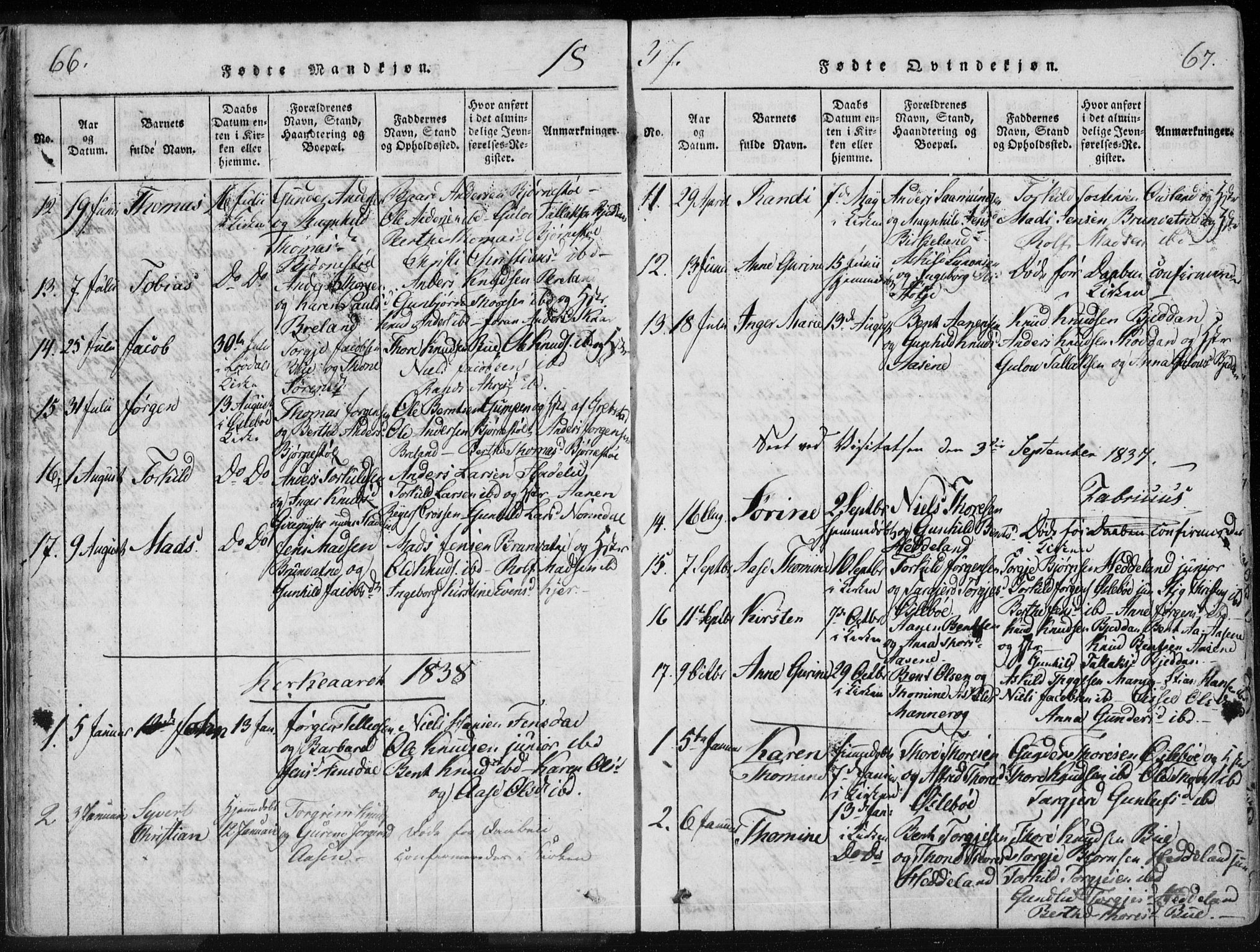 Holum sokneprestkontor, AV/SAK-1111-0022/F/Fa/Fac/L0002: Parish register (official) no. A 2, 1821-1859, p. 66-67