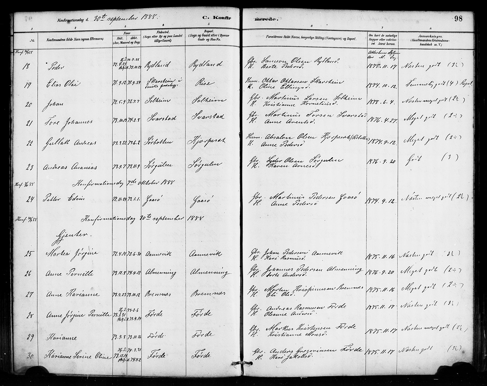 Bremanger sokneprestembete, SAB/A-82201/H/Haa/Haab/L0001: Parish register (official) no. B 1, 1884-1895, p. 98