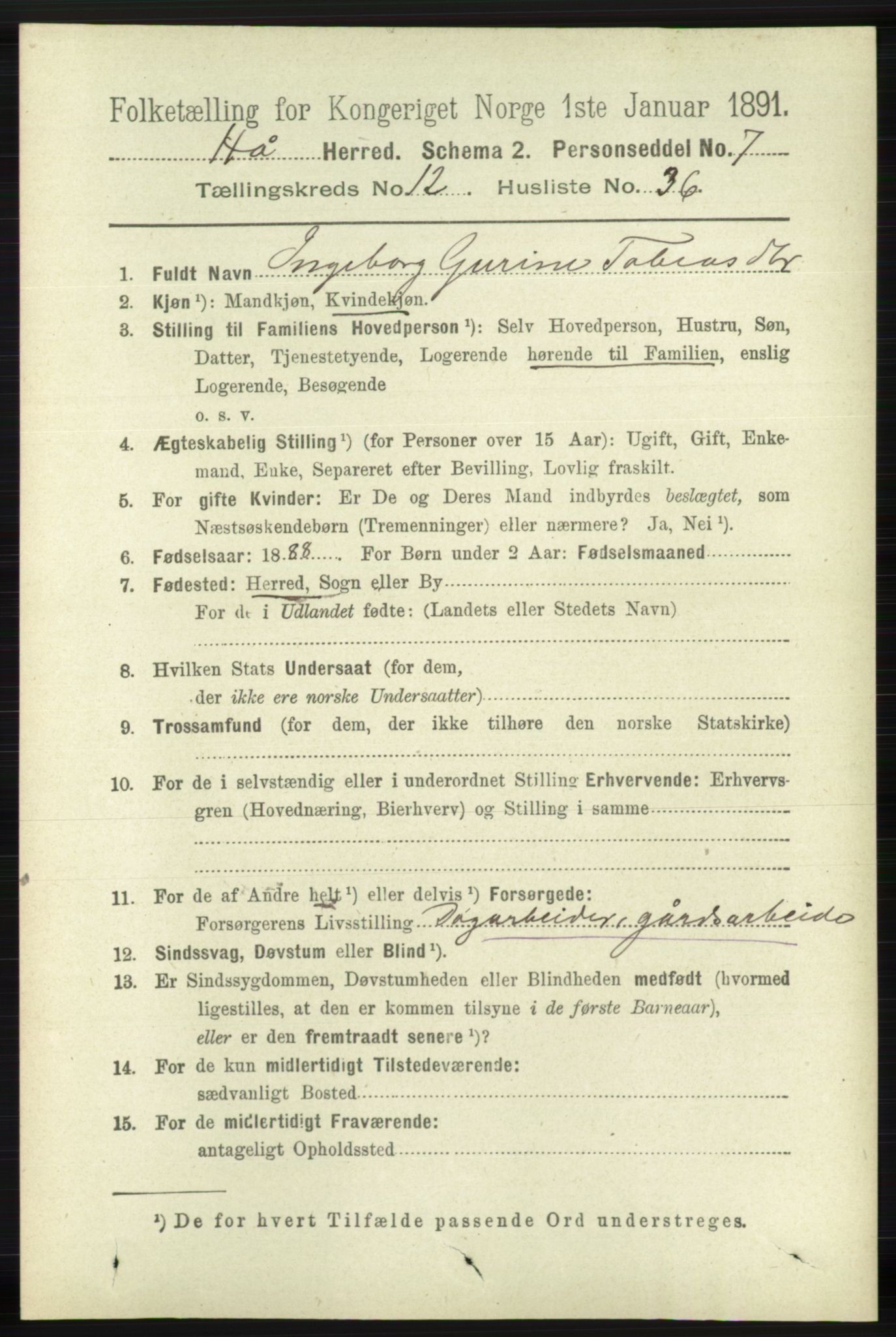 RA, 1891 census for 1119 Hå, 1891, p. 3112