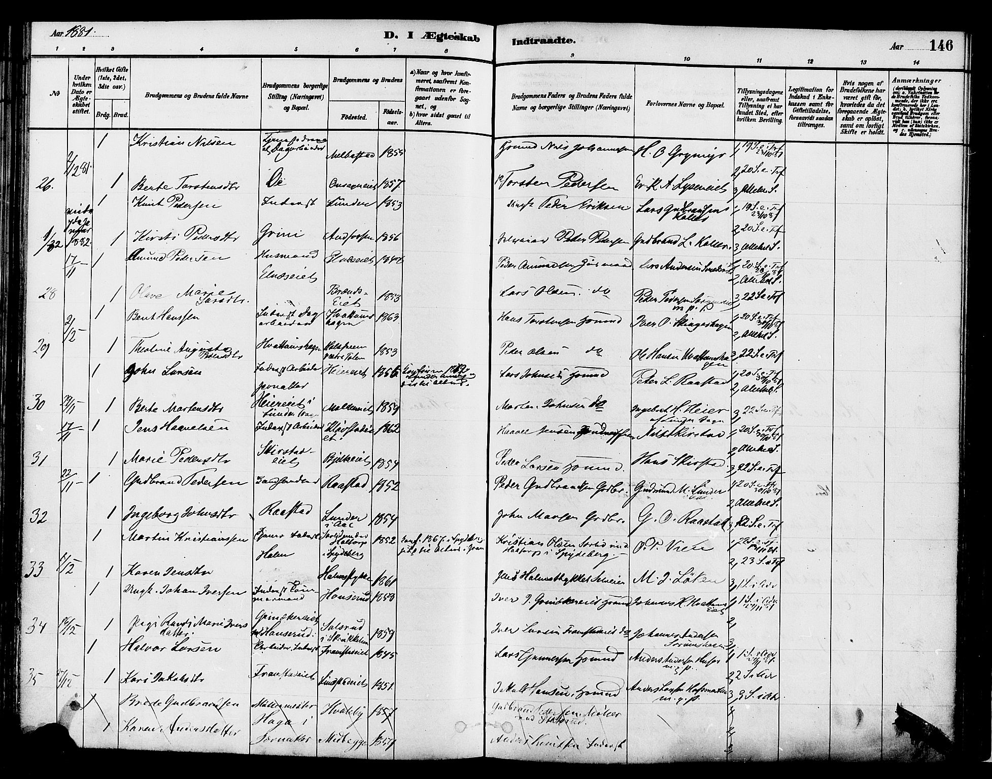 Gran prestekontor, SAH/PREST-112/H/Ha/Haa/L0014: Parish register (official) no. 14, 1880-1889, p. 146