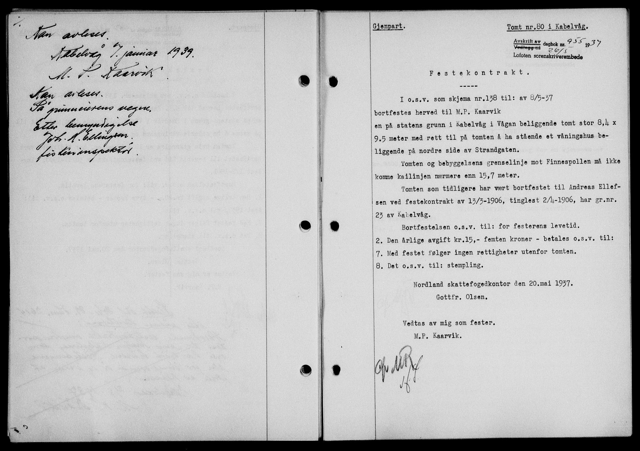 Lofoten sorenskriveri, SAT/A-0017/1/2/2C/L0002a: Mortgage book no. 2a, 1937-1937, Diary no: : 955/1937