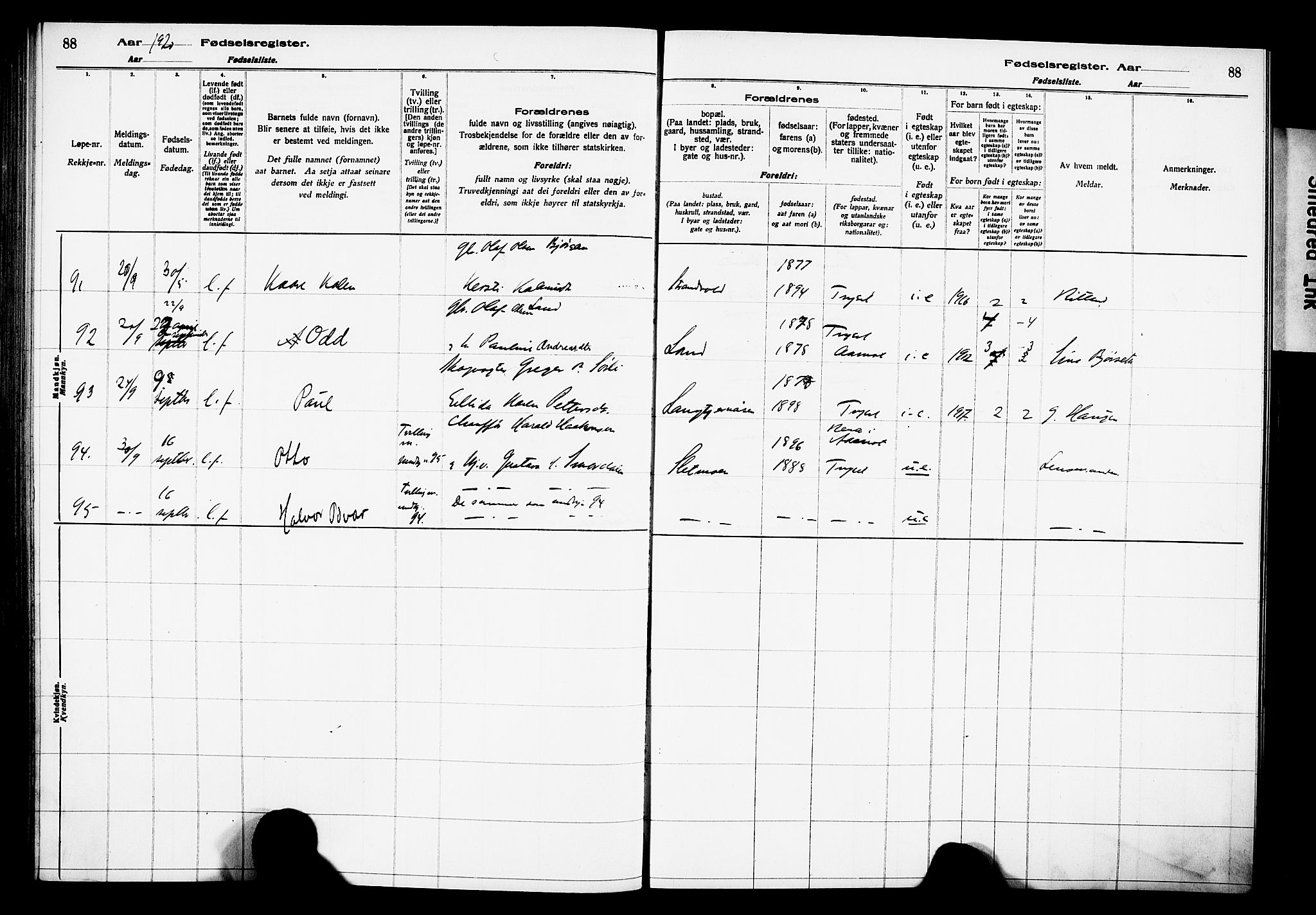 Trysil prestekontor, AV/SAH-PREST-046/I/Id/Ida/L0001: Birth register no. I 1, 1916-1927, p. 88