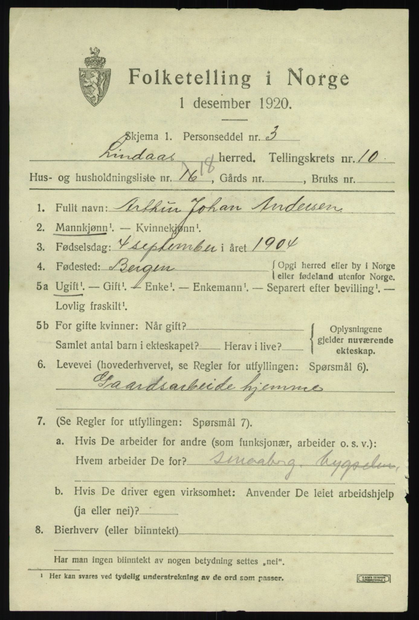 SAB, 1920 census for Lindås, 1920, p. 5601