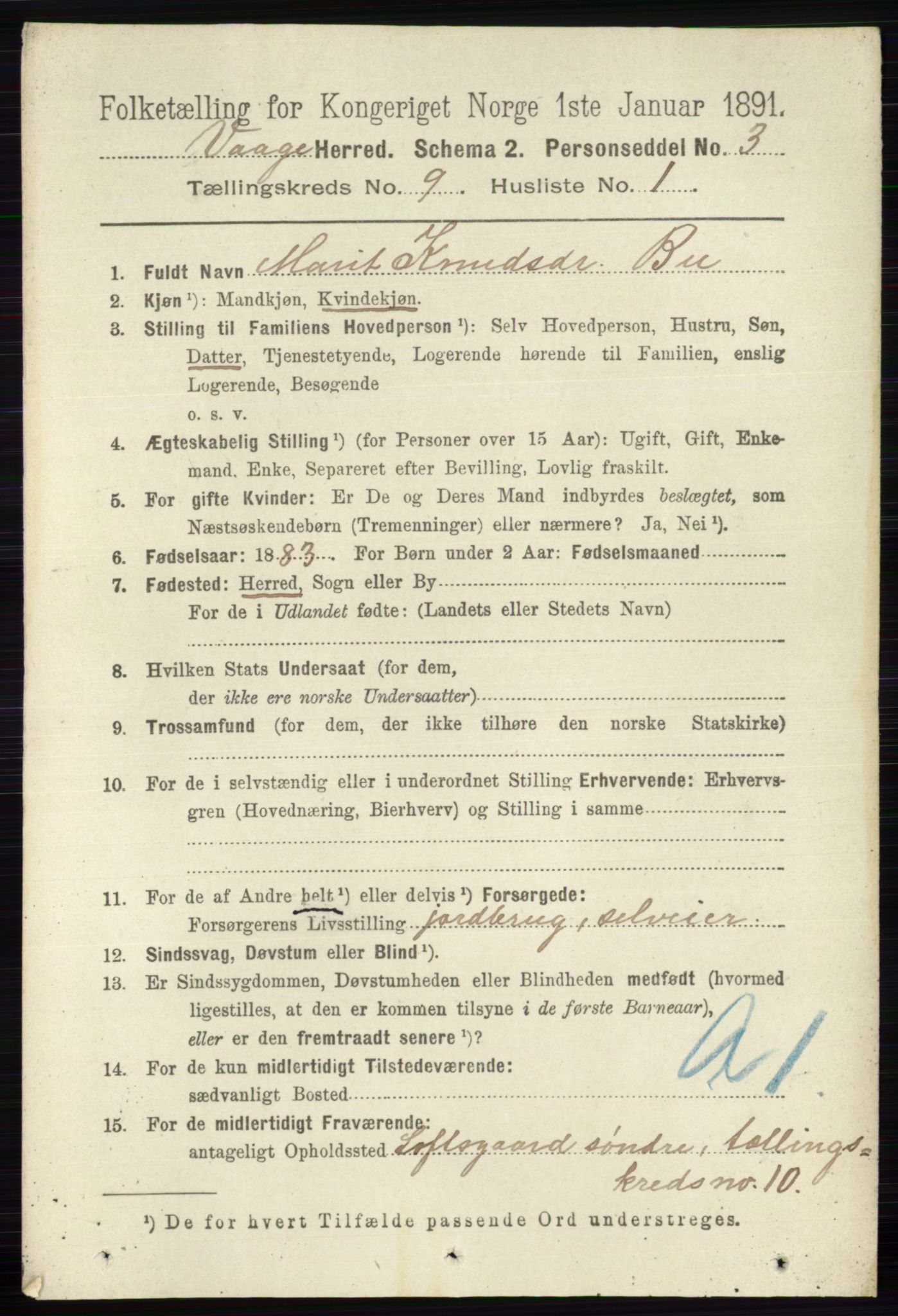 RA, 1891 census for 0515 Vågå, 1891, p. 5485