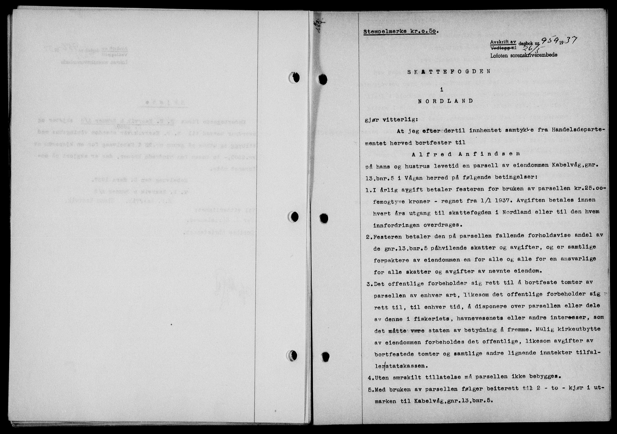Lofoten sorenskriveri, SAT/A-0017/1/2/2C/L0002a: Mortgage book no. 2a, 1937-1937, Diary no: : 959/1937