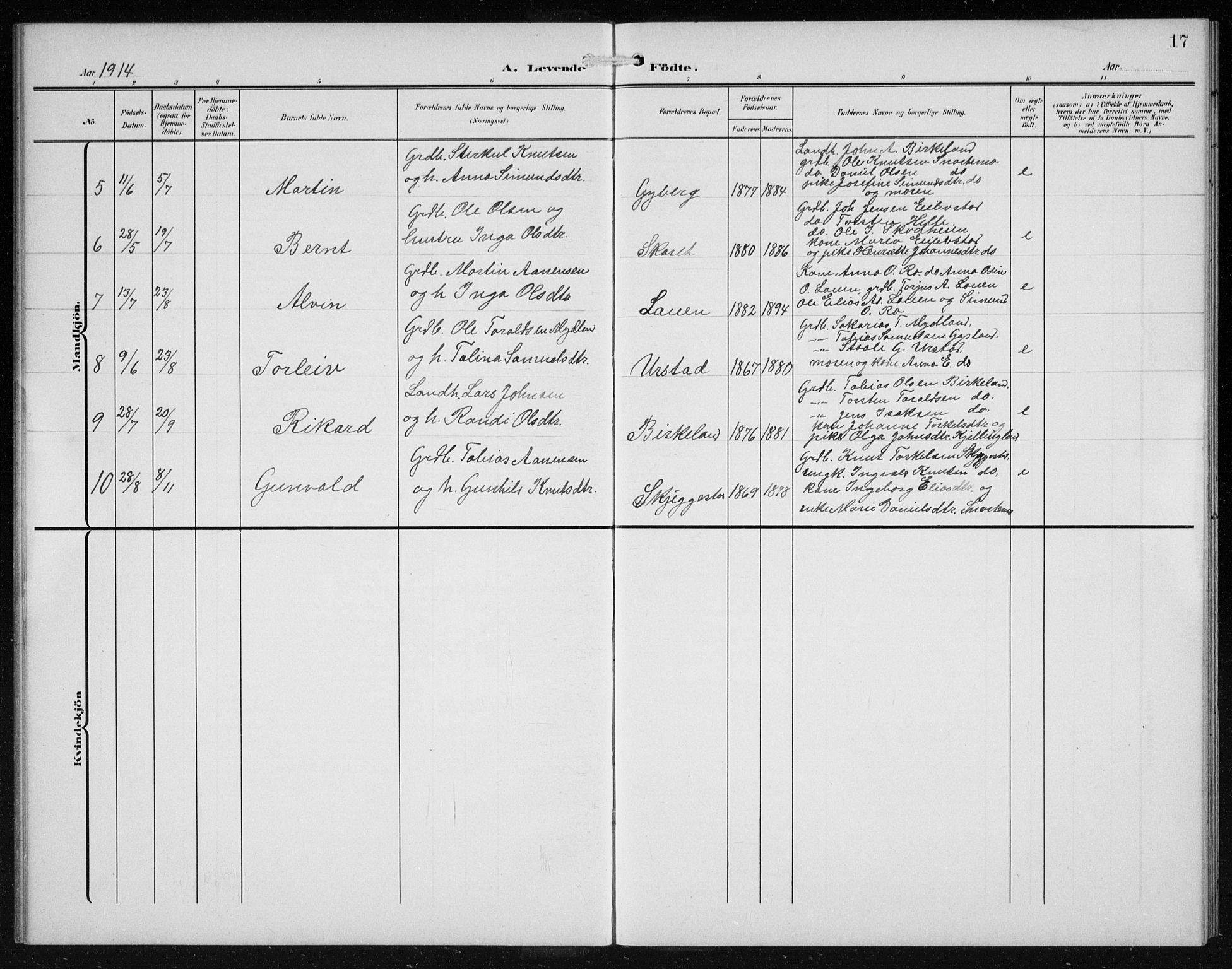 Hægebostad sokneprestkontor, SAK/1111-0024/F/Fb/Fba/L0005: Parish register (copy) no. B 5, 1907-1931, p. 17